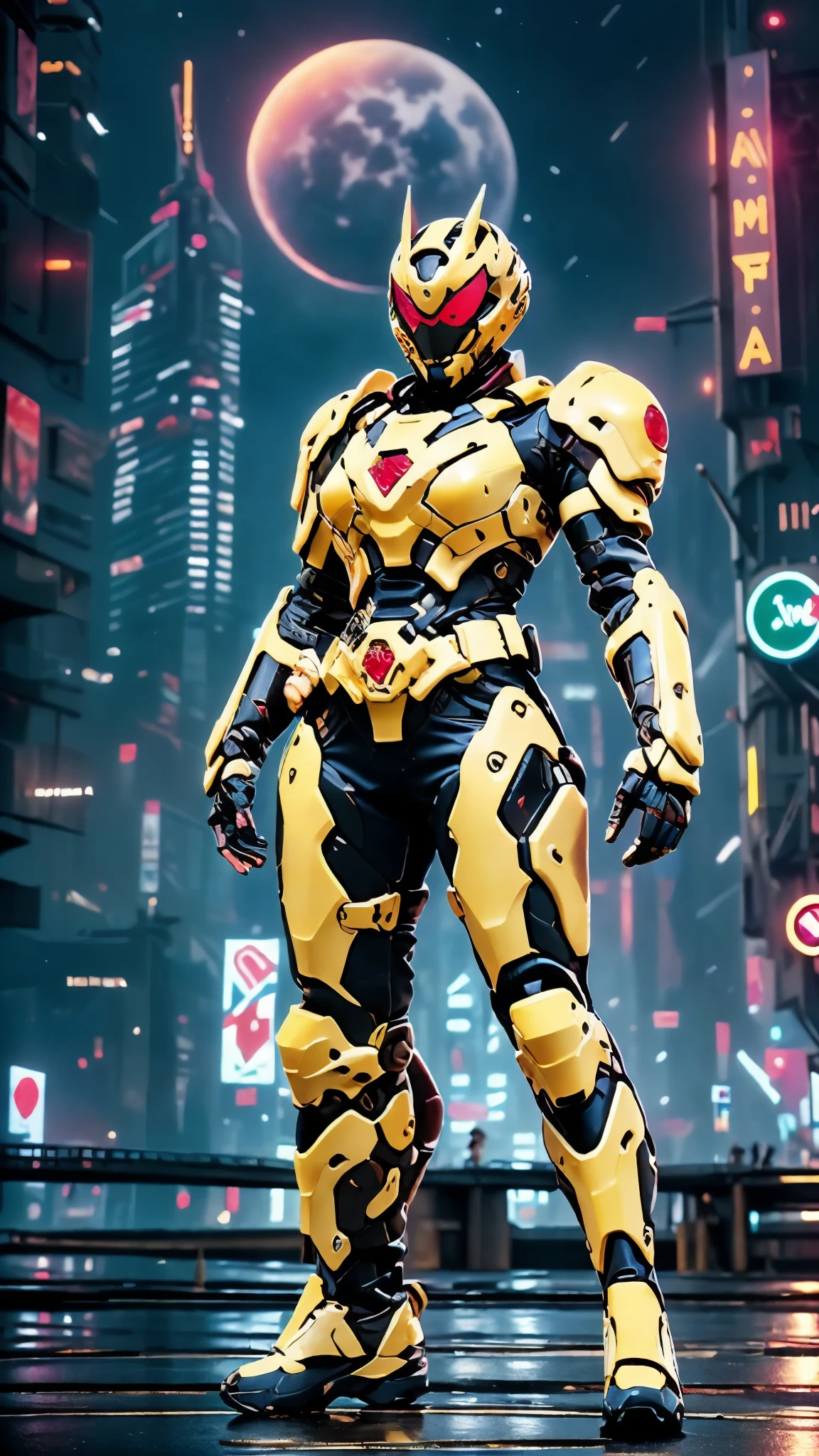 A woman adorned in fantasy-style full-body armor, a crown-concept fully enclosed helmet that unveils only her eyes, a composite layered chest plate, fully encompassing shoulder and hand guards, a lightweight waist armor, form-fitting shin guards, the overall design is heavy-duty yet flexible, ((the armor gleams with a golden glow, complemented by red and blue accents)), exhibiting a noble aura, she floats above the Futuristic city, this character embodies a finely crafted fantasy-surreal style armored hero in anime style, exquisite and mature manga art style, (Dragon concept Armor, photorealistic:1.4, real texture material:1.2), ((city night view, elegant, goddess, femminine:1.5)), metallic, high definition, best quality, highres, ultra-detailed, ultra-fine painting, extremely delicate, professional, anatomically correct, symmetrical face, extremely detailed eyes and face, high quality eyes, creativity, RAW photo, UHD, 32k, Natural light, cinematic lighting, masterpiece-anatomy-perfect, masterpiece:1.5