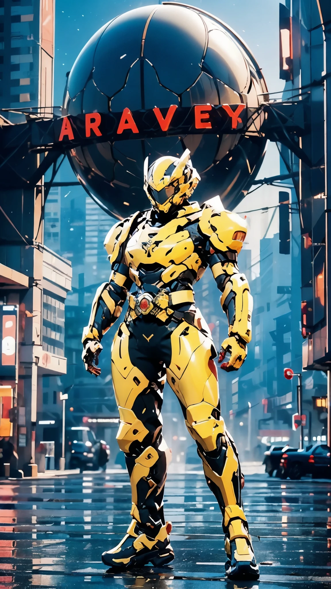 A woman adorned in fantasy-style full-body armor, a crown-concept fully enclosed helmet that unveils only her eyes, a composite layered chest plate, fully encompassing shoulder and hand guards, a lightweight waist armor, form-fitting shin guards, the overall design is heavy-duty yet flexible, ((the armor gleams with a golden glow, complemented by red and blue accents)), exhibiting a noble aura, she floats above the Futuristic city, this character embodies a finely crafted fantasy-surreal style armored hero in anime style, exquisite and mature manga art style, (Dragon concept Armor, photorealistic:1.4, real texture material:1.2), ((city night view, elegant, goddess, femminine:1.5)), metallic, high definition, best quality, highres, ultra-detailed, ultra-fine painting, extremely delicate, professional, anatomically correct, symmetrical face, extremely detailed eyes and face, high quality eyes, creativity, RAW photo, UHD, 32k, Natural light, cinematic lighting, masterpiece-anatomy-perfect, masterpiece:1.5