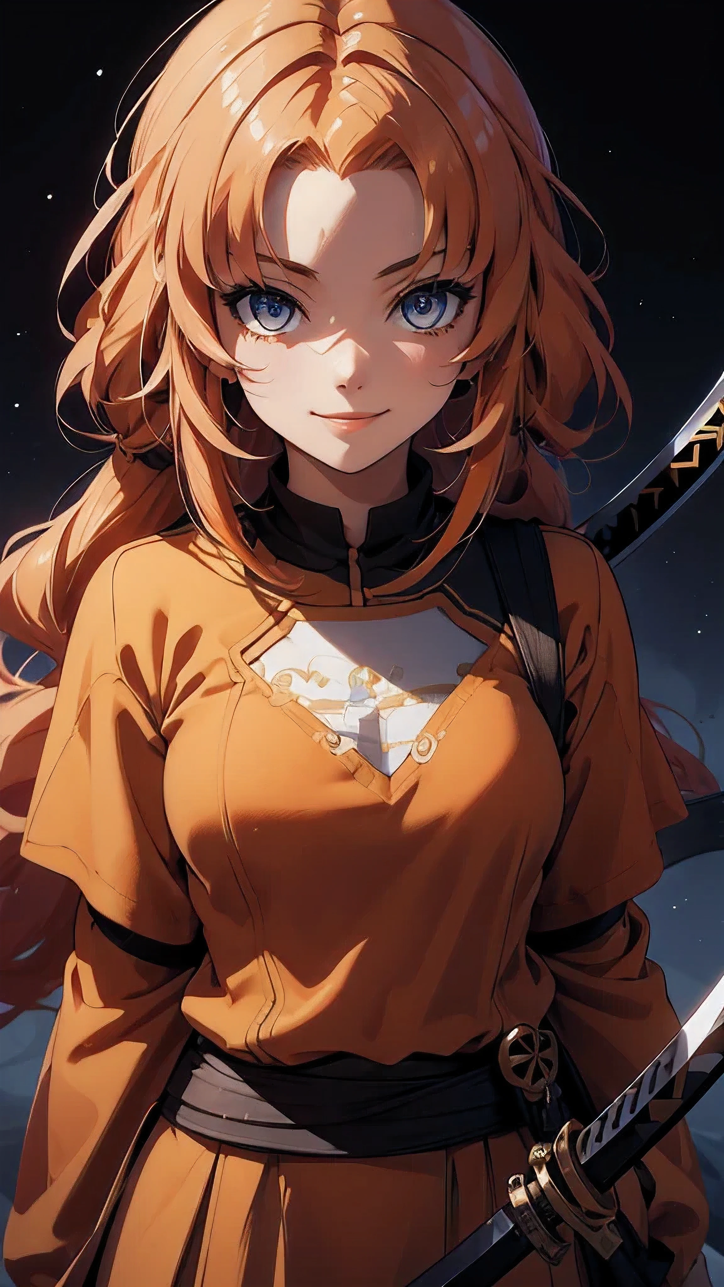 masterpiece , UHD , high definition , detailed eyes, epic background , draw a girl with orange hair , holding a katana, 1 girl , solo , looking at viewer , smiling ,