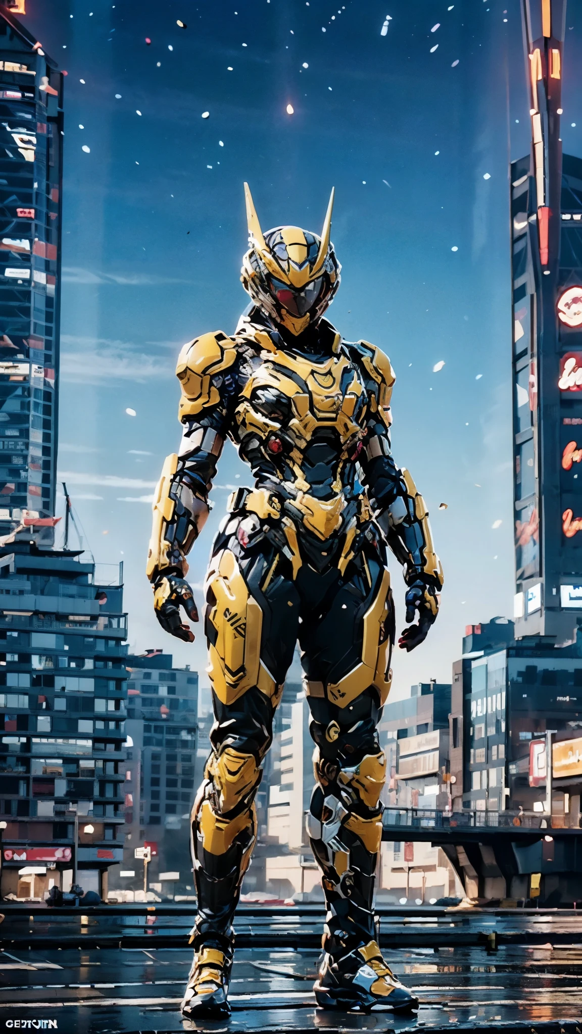 A woman adorned in fantasy-style full-body armor, a crown-concept fully enclosed helmet that unveils only her eyes, a composite layered chest plate, fully encompassing shoulder and hand guards, a lightweight waist armor, form-fitting shin guards, the overall design is heavy-duty yet flexible, ((the armor gleams with a golden glow, complemented by red and blue accents)), exhibiting a noble aura, she floats above the Futuristic city, this character embodies a finely crafted fantasy-surreal style armored hero in anime style, exquisite and mature manga art style, (Dragon concept Armor, photorealistic:1.4, real texture material:1.2), ((city night view, elegant, goddess, femminine:1.5)), metallic, high definition, best quality, highres, ultra-detailed, ultra-fine painting, extremely delicate, professional, anatomically correct, symmetrical face, extremely detailed eyes and face, high quality eyes, creativity, RAW photo, UHD, 32k, Natural light, cinematic lighting, masterpiece-anatomy-perfect, masterpiece:1.5
