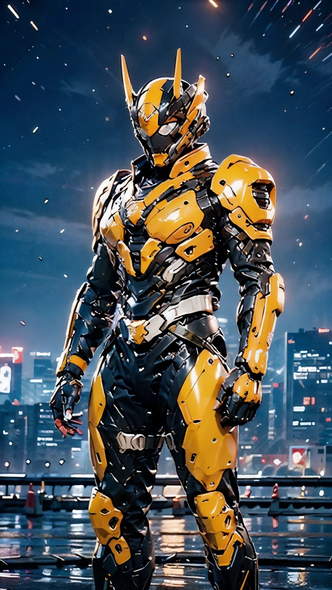 A woman adorned in fantasy-style full-body armor, a crown-concept fully enclosed helmet that unveils only her eyes, a composite layered chest plate, fully encompassing shoulder and hand guards, a lightweight waist armor, form-fitting shin guards, the overall design is heavy-duty yet flexible, ((the armor gleams with a golden glow, complemented by red and blue accents)), exhibiting a noble aura, she floats above the Futuristic city, this character embodies a finely crafted fantasy-surreal style armored hero in anime style, exquisite and mature manga art style, (Dragon concept Armor, photorealistic:1.4, real texture material:1.2), ((city night view, elegant, goddess, femminine:1.5)), metallic, high definition, best quality, highres, ultra-detailed, ultra-fine painting, extremely delicate, professional, anatomically correct, symmetrical face, extremely detailed eyes and face, high quality eyes, creativity, RAW photo, UHD, 32k, Natural light, cinematic lighting, masterpiece-anatomy-perfect, masterpiece:1.5
