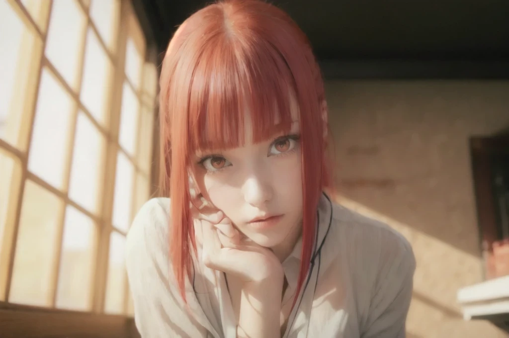 girl with red hair and orange eyes looking at camera, close up, white shirt and tie