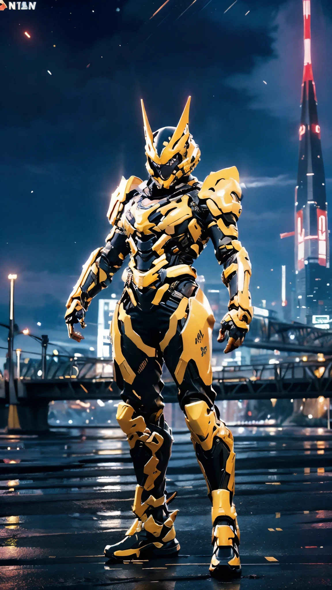 A woman adorned in fantasy-style full-body armor, a crown-concept fully enclosed helmet that unveils only her eyes, a composite layered chest plate, fully encompassing shoulder and hand guards, a lightweight waist armor, form-fitting shin guards, the overall design is heavy-duty yet flexible, ((the armor gleams with a golden glow, complemented by red and blue accents)), exhibiting a noble aura, she floats above the Futuristic city, this character embodies a finely crafted fantasy-surreal style armored hero in anime style, exquisite and mature manga art style, (Dragon concept Armor, photorealistic:1.4, real texture material:1.2), ((city night view, elegant, goddess, femminine:1.5)), metallic, high definition, best quality, highres, ultra-detailed, ultra-fine painting, extremely delicate, professional, anatomically correct, symmetrical face, extremely detailed eyes and face, high quality eyes, creativity, RAW photo, UHD, 32k, Natural light, cinematic lighting, masterpiece-anatomy-perfect, masterpiece:1.5