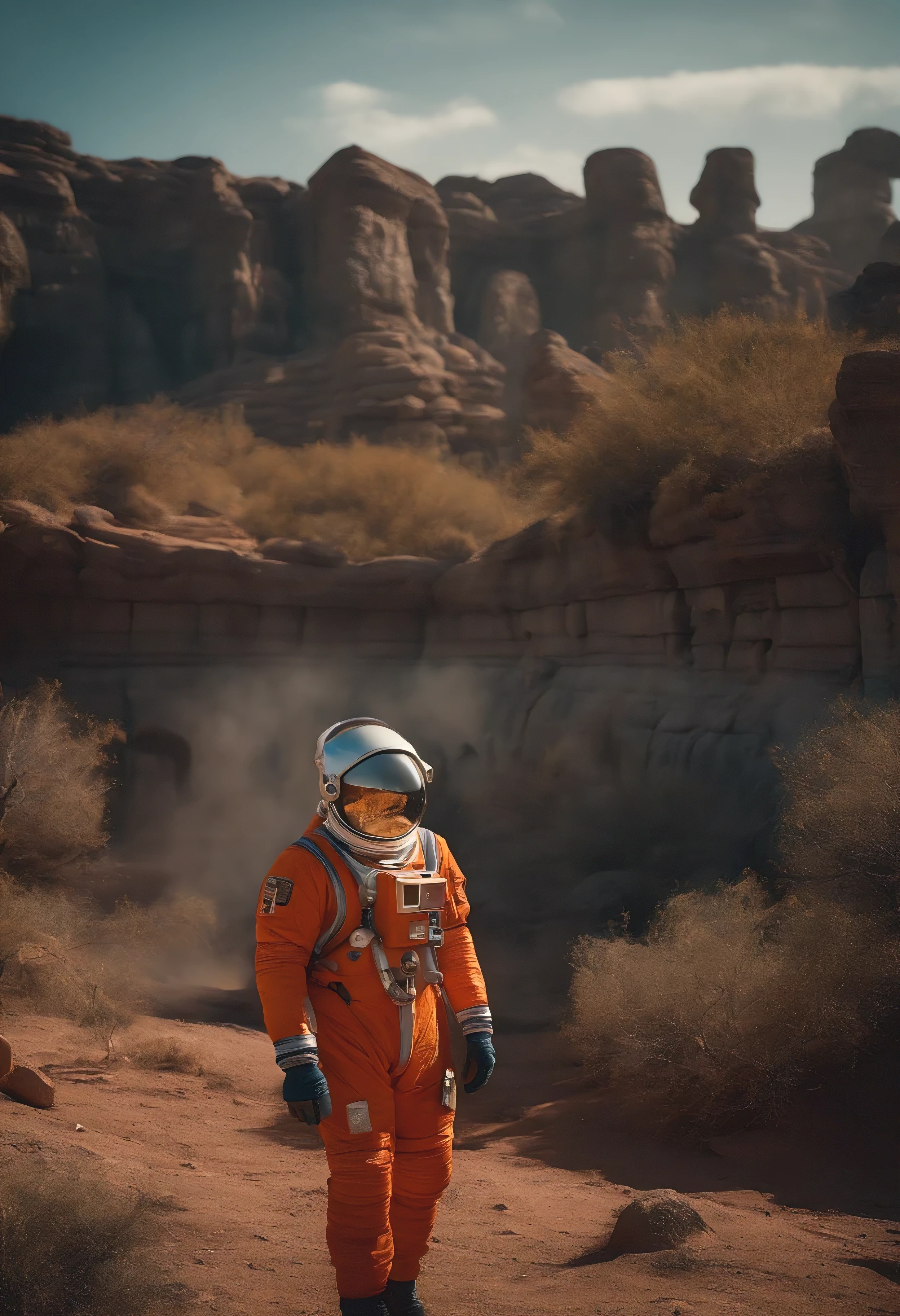 (realistic, cinematic image, very high definition, accurate details), three astronauts wearing orange and blue suits, observing an ancient abandoned alien temple, mystery, alien planet with dense vegetation, a rover parked a short distance away, a huge alien moon in the sky