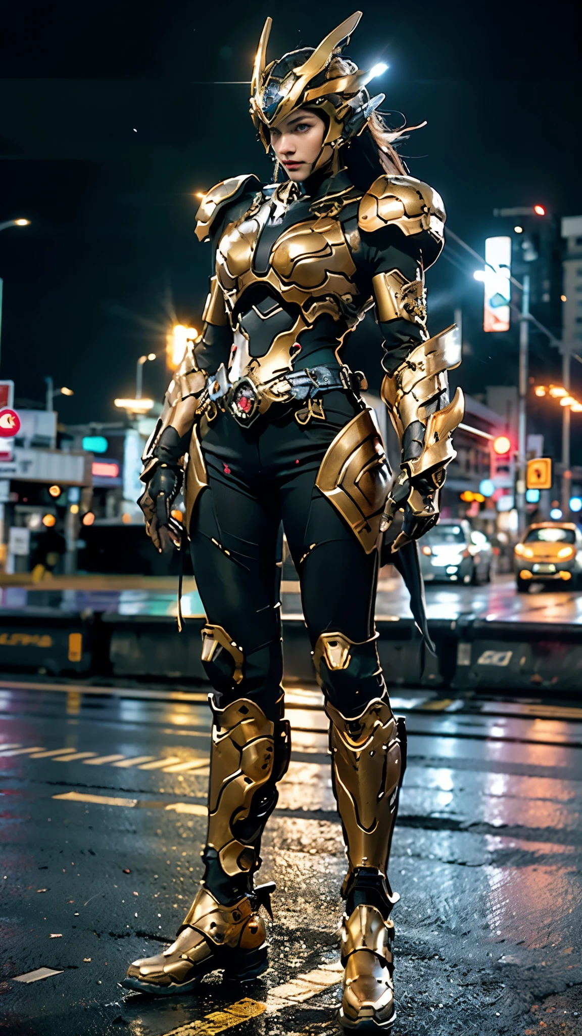 A woman adorned in fantasy-style full-body armor, a crown-concept fully enclosed helmet that unveils only her eyes, a composite layered chest plate, fully encompassing shoulder and hand guards, a lightweight waist armor, form-fitting shin guards, the overall design is heavy-duty yet flexible, ((the armor gleams with a golden glow, complemented by red and blue accents)), exhibiting a noble aura, she floats above the Futuristic city, this character embodies a finely crafted fantasy-surreal style armored hero in anime style, exquisite and mature manga art style, (Dragon concept Armor, photorealistic:1.4, real texture material:1.2), ((city night view, elegant, goddess, femminine:1.5)), metallic, high definition, best quality, highres, ultra-detailed, ultra-fine painting, extremely delicate, professional, anatomically correct, symmetrical face, extremely detailed eyes and face, high quality eyes, creativity, RAW photo, UHD, 32k, Natural light, cinematic lighting, masterpiece-anatomy-perfect, masterpiece:1.5