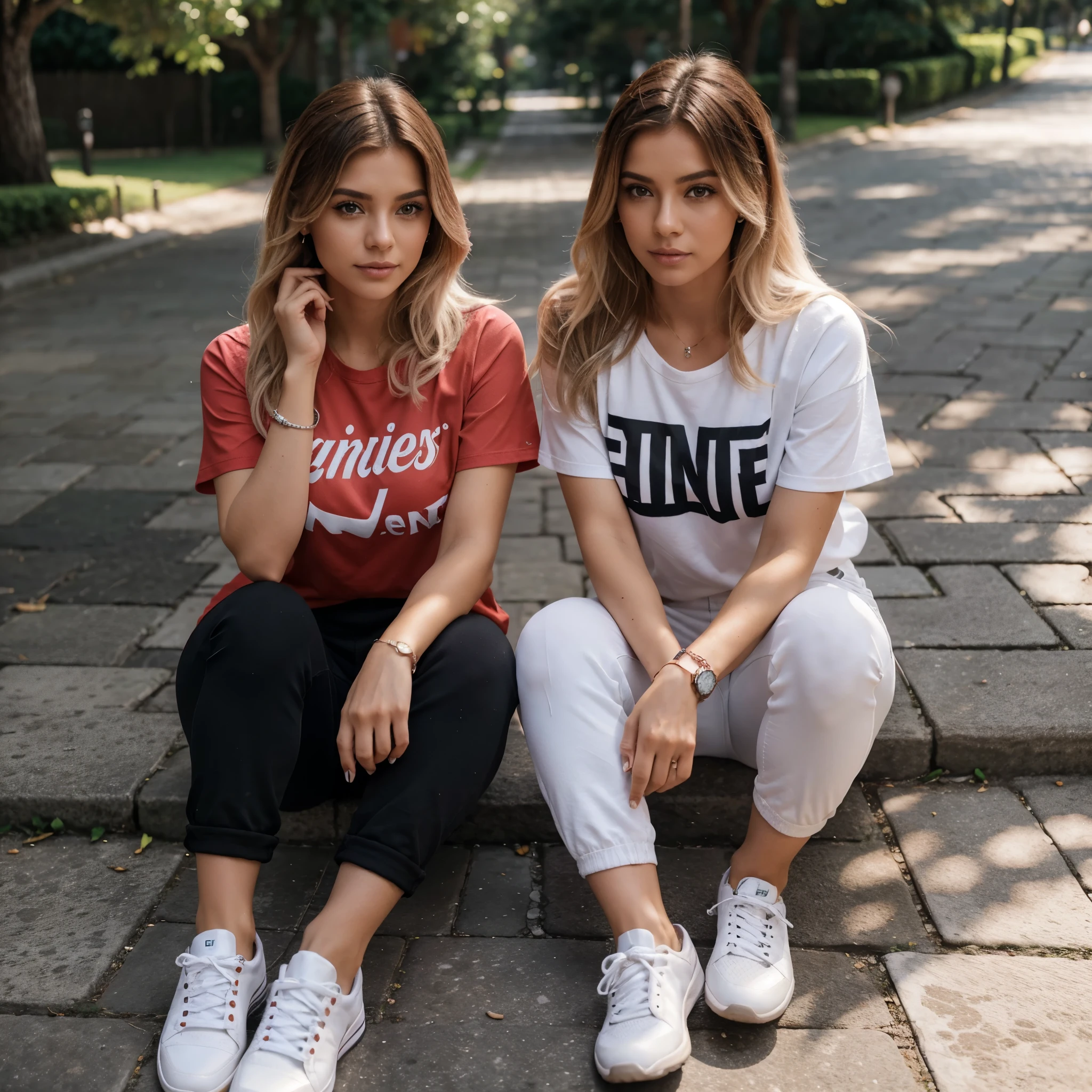 Cabelos loiros,cabelo curto,usando fones, correndo no parque,roupas de sport,olhos azuis,rosto lindo estilo Tumblr,folhas caindo, White sneakers,black pants, camiseta rosa, smart watch on the wrist,sol nascendo,brinco na orelha,lip gloss,red hand nails,olhar encantador, Stone Sidewalk,folhas caindo, looking at the camera.