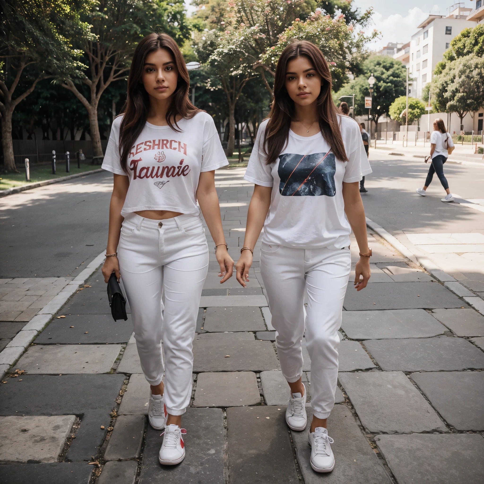Cabelos loiros,cabelo curto,usando fones, correndo no parque,roupas de sport,olhos azuis,rosto lindo estilo Tumblr,folhas caindo, White sneakers,black pants, camiseta rosa, smart watch on the wrist,sol nascendo,brinco na orelha,lip gloss,red hand nails,olhar encantador, Stone Sidewalk,folhas caindo, looking at the camera.