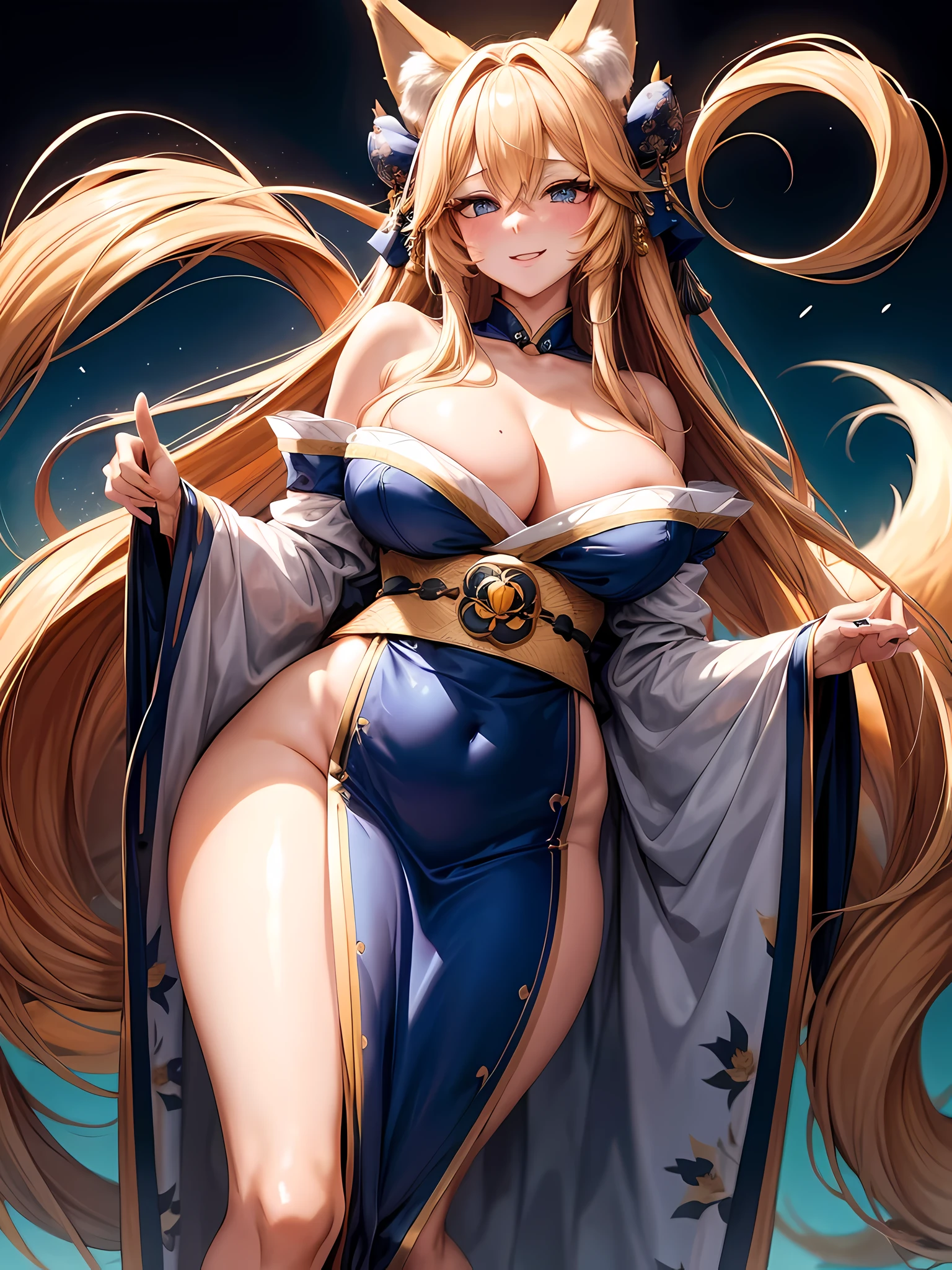 1 girl, long golden hair, fox ears, only fox ears, blue eyes, extremly detailed eyes, extremly detailed, blushing, (face perfect:1.1), (high detal:1.1), top-quality, huge breasts, sexy and seductive, wearing blue and white erotic kimono, tall women, long flufy nine fox tails, multiple tails, thicc thighs, wide hips, smile, horny, absurdes, high res, ultra sharp, 8k, masterpiece, looking at viewer