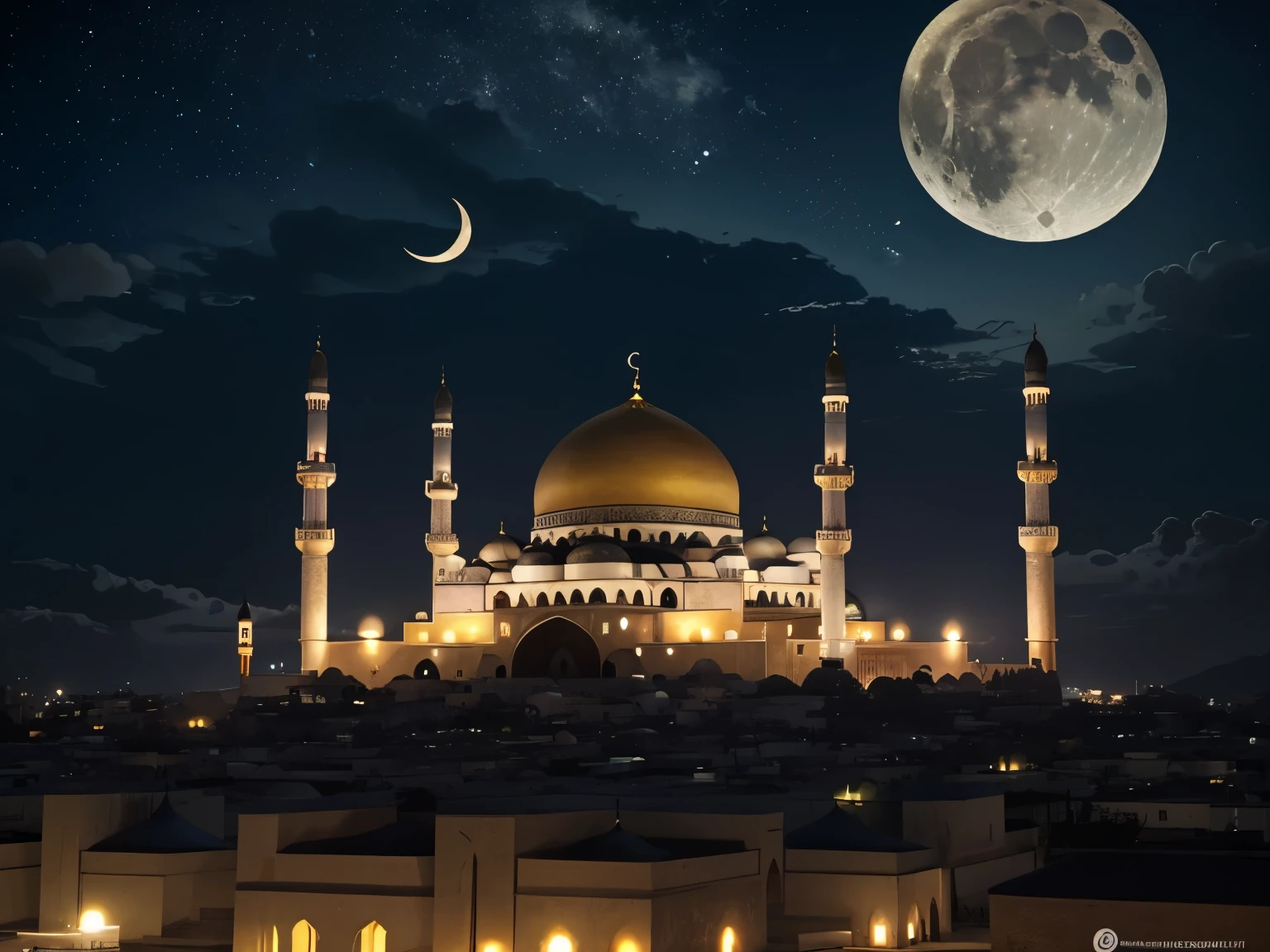 RAW, Best quality, high resolution, masterpiece: 1.3, Serene and enchanting theme, moon and clouds against mosque backdrop, Masterpiece, Tranquil atmosphere, crescent moon illuminates sky, Softly lit clouds, silhouette of beautifully designed mosque, Color palette of peace and reverence, culturally respectful, visually captivating, Night scene, mosque and clouds, ethereal beauty, Crescent moon, tranquil atmosphere, spiritual ambiance, Masterpiece, serene scene, intricately designed mosque, Crisp night air, stars twinkling in the distance,
