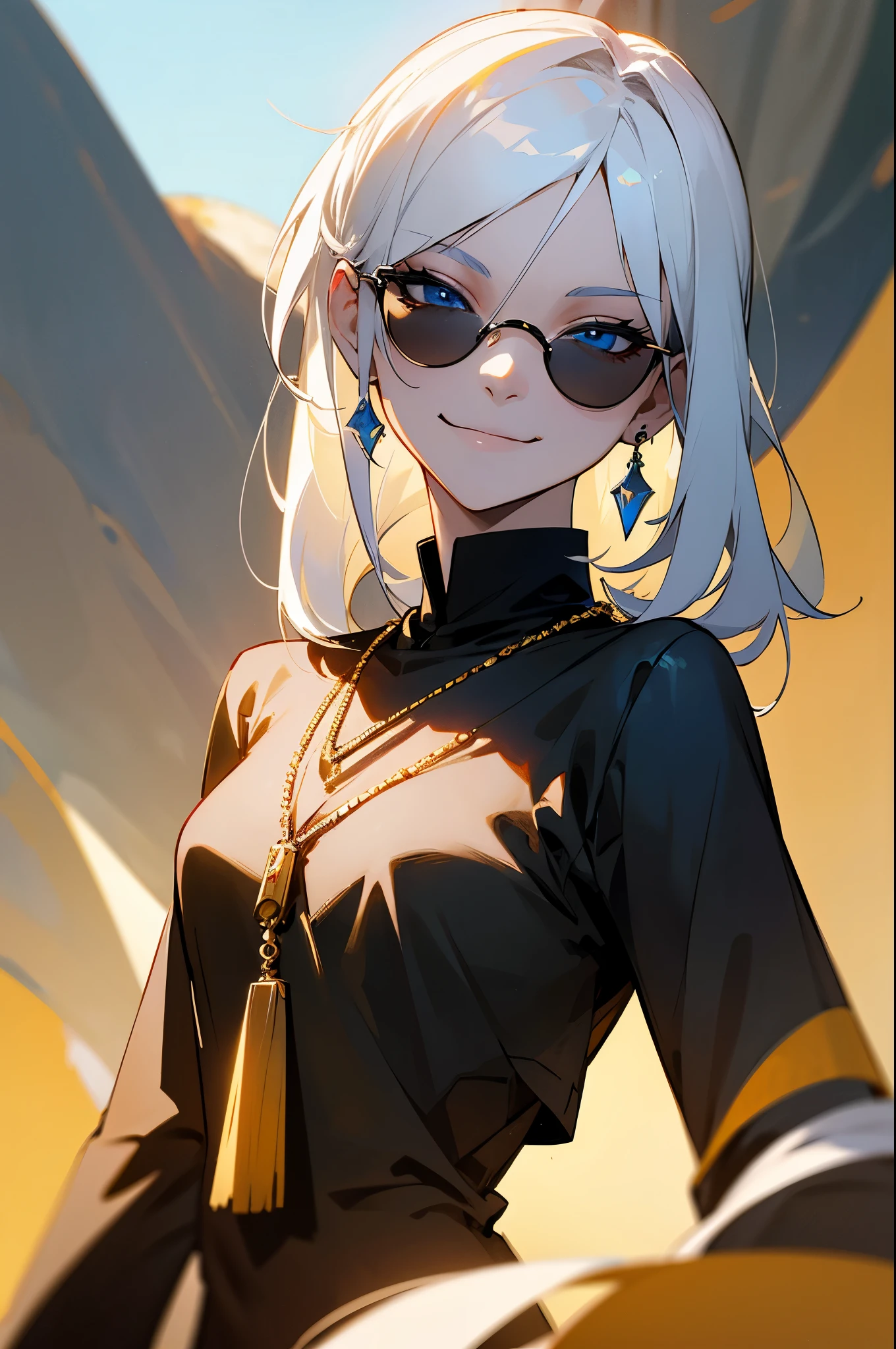 avatar,medium length white hair, golden necklace, black shirt, earrings, tattoo, young female, sunglasses up, smirking, blue eyes