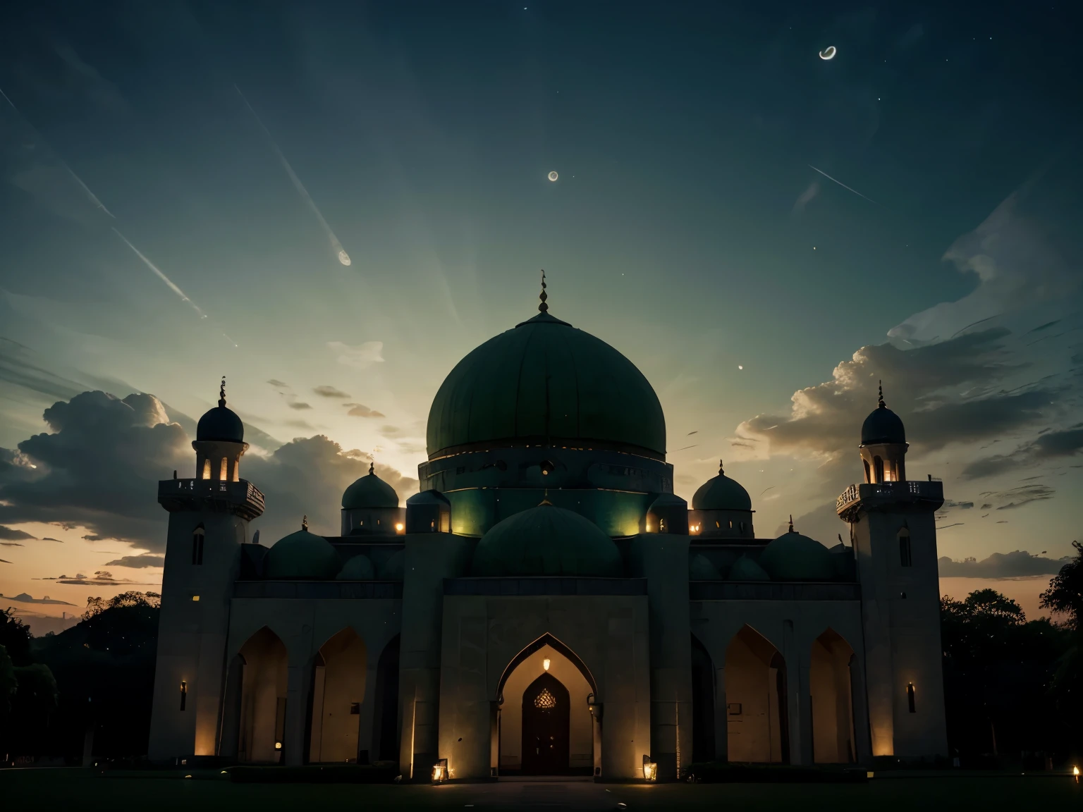 "Generate a captivating theme featuring a moon, mosque background, clouds, and an enchanting green light. Envision a serene night scene where the crescent moon shines against a softly lit sky, adorned with clouds and bathed in a gentle green glow. Request a background that incorporates the silhouette of a beautifully designed mosque. Utilize a color palette that combines the calming tones of green with the spiritual ambiance of the night. Aim for a theme that is visually stunning, culturally respectful, and suitable for various applications, capturing the magical beauty of a moonlit night with a mosque, clouds, and green light."