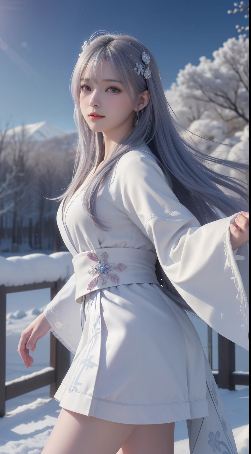 ((logo, masterpiece, 8k, table top, RAW photo, wonderful, 最high quality, Photorealistic and hvery detailed CG integrated 8k wallpaper, high quality, very detailed, Narrative poem, particle effects, dynamic effects, Depth of written boundary, cinematic light, Lens flare, ray tracing, anatomically accurate)), fantasy, 1 beautiful woman, ((lilac hair)), clear eyes, long hair, beautiful face, real face, 緻密でbeautiful eyes, beautiful skin, ((dancing woman, 優雅にdancing woman, snow sceneの中でdancing woman, 激しくdancing woman)), ((long hairがWindでなびく, long hairが跳ねる, long hairがWindで踊る)), hair jump, jewelry, beautiful eyes, white kimono, white obi, White cherry blossom embroidery pattern, silver earrings, Wind, snow mountainの中で, snow scene, snow mountain, snow makeup, 雪とhoarfrost, snow-capped mountainや森, hoarfrost, snow-capped mountain々, The beauty and brilliance of frost-covered trees, The tranquility and beauty of a world of ice and snow, hair color is light purple