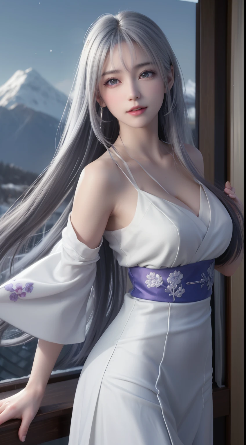 ((logo, masterpiece, 8k, table top, RAW photo, wonderful, 最high quality, Photorealistic and hvery detailed CG integrated 8k wallpaper, high quality, very detailed, Narrative poem, particle effects, dynamic effects, Depth of written boundary, cinematic light, Lens flare, ray tracing, anatomically accurate)), fantasy, 1 beautiful woman, ((lilac hair)), clear eyes, long hair, beautiful face, real face, Dense and beautiful eyes, beautiful skin, ((dancing woman, gracefully dancing woman, snow sceneの中でdancing woman, violently dancing woman)), ((long hairがWindでなびく, long hairが跳ねる, long hairがWindで踊る)), hair jump, jewelry, beautiful eyes, white kimono, white obi, White cherry blossom embroidery pattern, silver earrings, Wind, snow mountainの中で, snow scene, snow mountain, snow makeup, snow and hoarfrost, snow-capped mountainや森, hoarfrost, snow-capped mountain々, The beauty and brilliance of frost-covered trees, The tranquility and beauty of a world of ice and snow, hair color is light purple