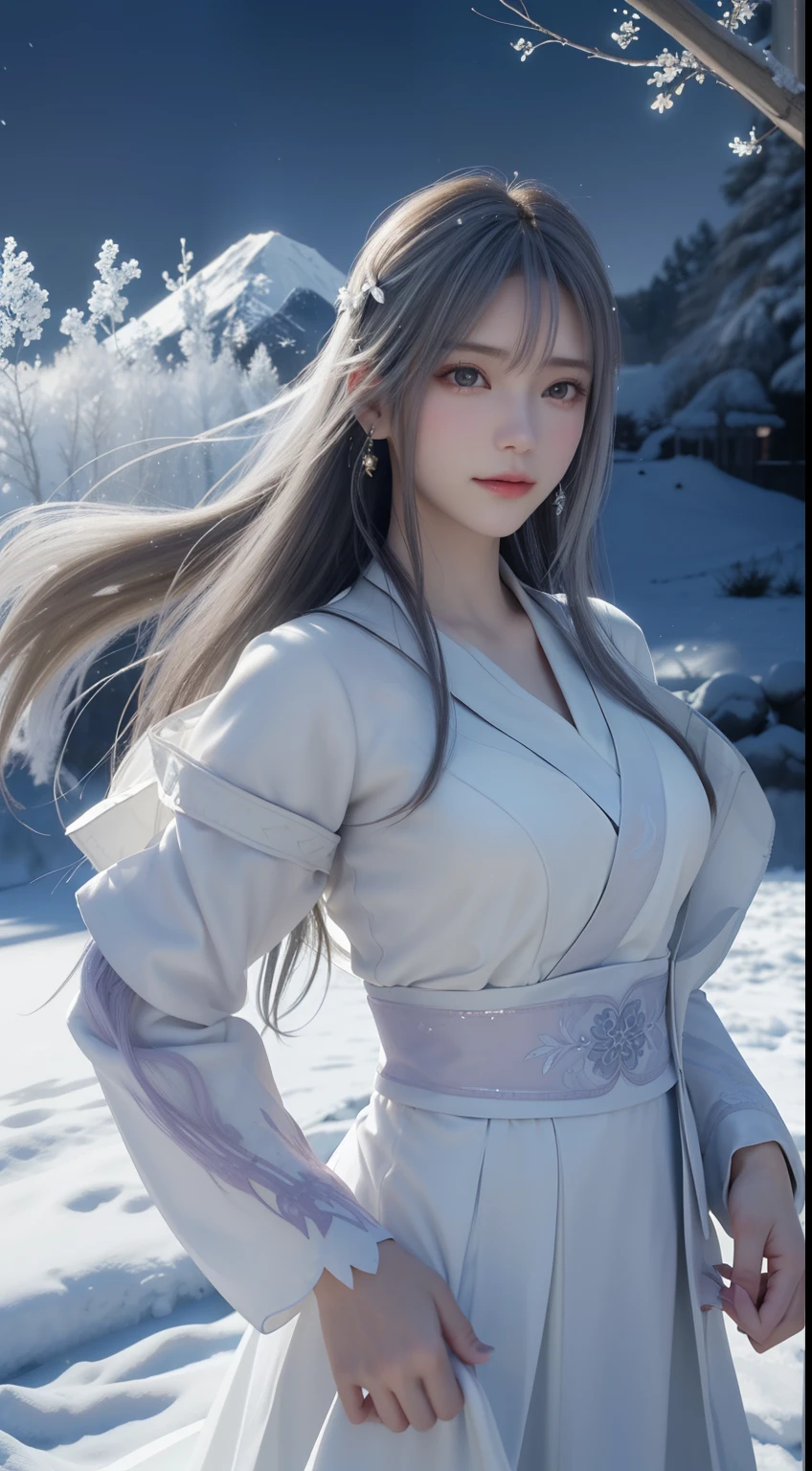 ((logo, masterpiece, 8k, table top, RAW photo, wonderful, 最high quality, Photorealistic and hvery detailed CG integrated 8k wallpaper, high quality, very detailed, Narrative poem, particle effects, dynamic effects, Depth of written boundary, cinematic light, Lens flare, ray tracing, anatomically accurate)), fantasy, 1 beautiful woman, ((lilac hair)), clear eyes, long hair, beautiful face, real face, Dense and beautiful eyes, beautiful skin, ((dancing woman, gracefully dancing woman, snow sceneの中でdancing woman, violently dancing woman)), ((long hairがWindでなびく, long hairが跳ねる, long hairがWindで踊る)), hair jump, jewelry, beautiful eyes, white kimono, white obi, White cherry blossom embroidery pattern, silver earrings, Wind, snow mountainの中で, snow scene, snow mountain, snow makeup, snow and hoarfrost, snow-capped mountainや森, hoarfrost, snow-capped mountain々, The beauty and brilliance of frost-covered trees, The tranquility and beauty of a world of ice and snow, hair color is light purple