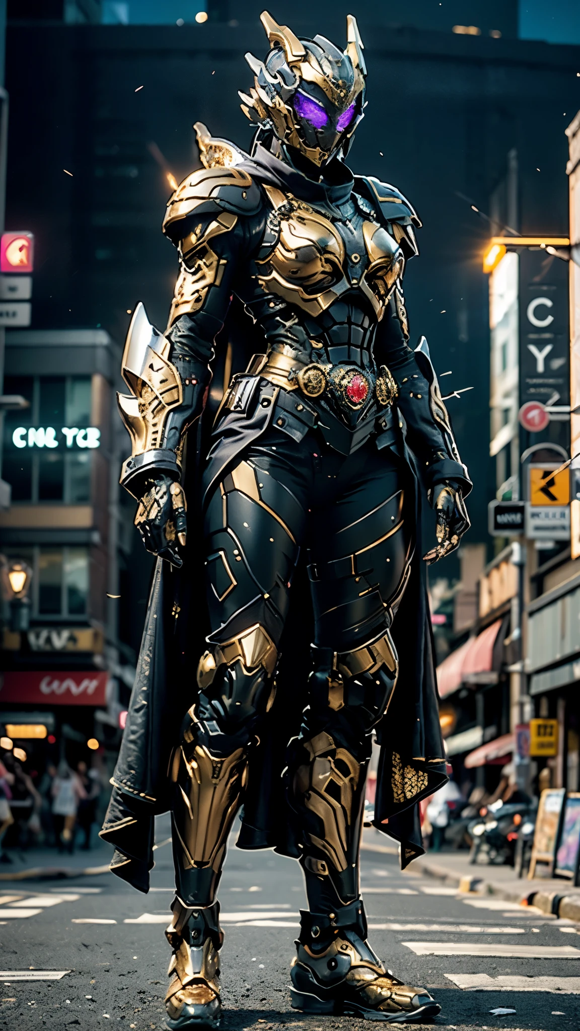 A woman adorned in fantasy-style full-body armor, a crown-concept fully enclosed helmet that unveils only her eyes, a composite layered chest plate, fully encompassing shoulder and hand guards, a lightweight waist armor, form-fitting shin guards, the overall design is heavy-duty yet flexible, ((the armor gleams with a golden glow, complemented by red and blue accents)), exhibiting a noble aura, she floats above the Futuristic city, this character embodies a finely crafted fantasy-surreal style armored hero in anime style, exquisite and manga art style, (Dragon concept Armor, photorealistic:1.4, real texture material:1.2), ((city night view, elegant, goddess, femminine:1.5)), metallic, high definition, best quality, highres, ultra-detailed, ultra-fine painting, extremely delicate, professional, anatomically correct, symmetrical face, extremely detailed eyes and face, high quality eyes, creativity, RAW photo, UHD, 32k, Natural light, cinematic lighting, masterpiece-anatomy-perfect, masterpiece:1.5