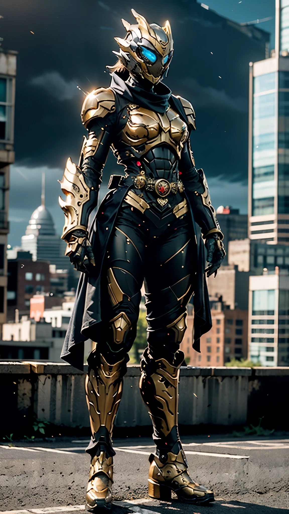 A woman adorned in fantasy-style full-body armor, a crown-concept fully enclosed helmet that unveils only her eyes, a composite layered chest plate, fully encompassing shoulder and hand guards, a lightweight waist armor, form-fitting shin guards, the overall design is heavy-duty yet flexible, ((the armor gleams with a golden glow, complemented by red and blue accents)), exhibiting a noble aura, she floats above the Futuristic city, this character embodies a finely crafted fantasy-surreal style armored hero in anime style, exquisite and mature manga art style, (Dragon concept Armor, photorealistic:1.4, real texture material:1.2), ((city night view, elegant, goddess, femminine:1.5)), metallic, high definition, best quality, highres, ultra-detailed, ultra-fine painting, extremely delicate, professional, anatomically correct, symmetrical face, extremely detailed eyes and face, high quality eyes, creativity, RAW photo, UHD, 32k, Natural light, cinematic lighting, masterpiece-anatomy-perfect, masterpiece:1.5