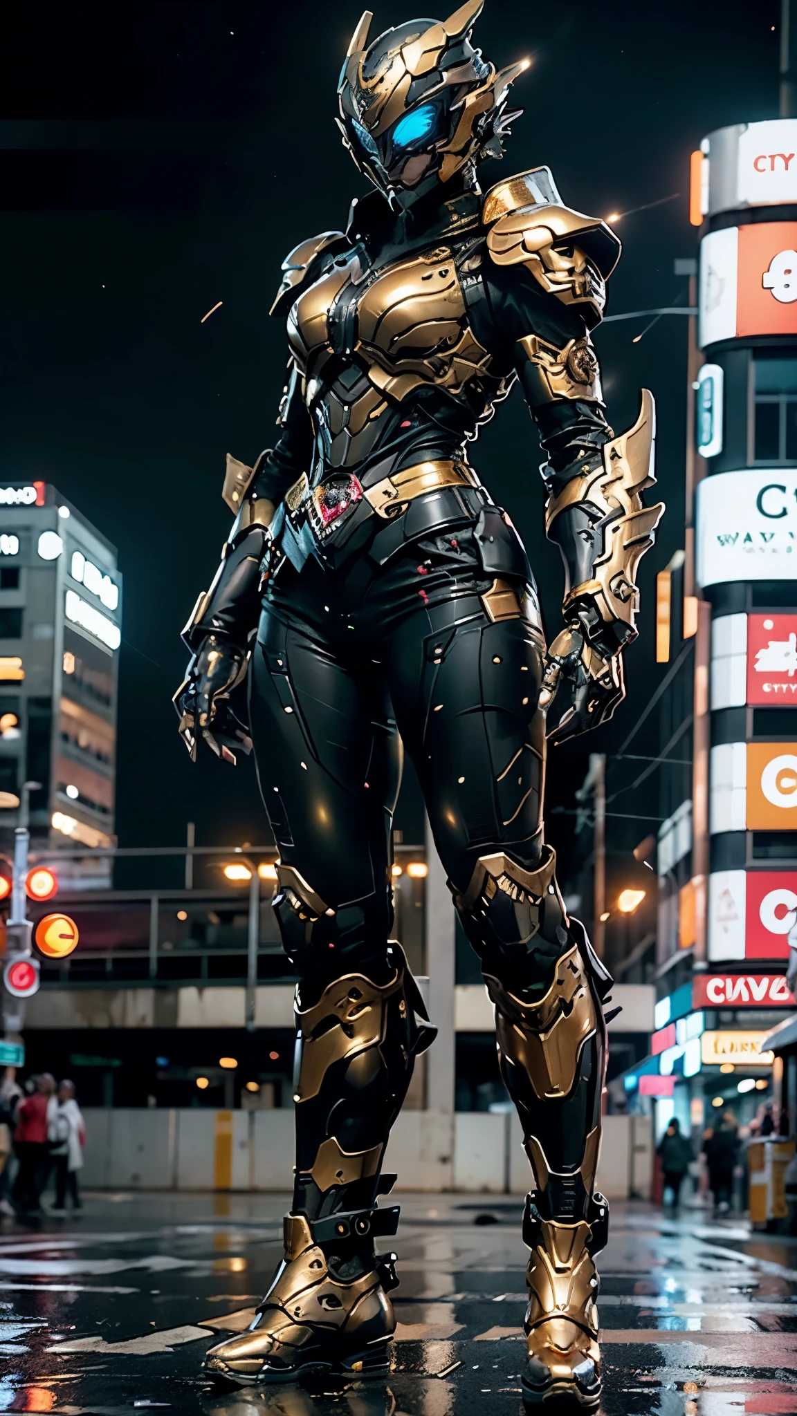 A woman adorned in fantasy-style full-body armor, a crown-concept fully enclosed helmet that unveils only her eyes, a composite layered chest plate, fully encompassing shoulder and hand guards, a lightweight waist armor, form-fitting shin guards, the overall design is heavy-duty yet flexible, ((the armor gleams with a golden glow, complemented by red and blue accents)), exhibiting a noble aura, she floats above the Futuristic city, this character embodies a finely crafted fantasy-surreal style armored hero in anime style, exquisite and mature manga art style, (Dragon concept Armor, photorealistic:1.4, real texture material:1.2), ((city night view, elegant, goddess, femminine:1.5)), metallic, high definition, best quality, highres, ultra-detailed, ultra-fine painting, extremely delicate, professional, anatomically correct, symmetrical face, extremely detailed eyes and face, high quality eyes, creativity, RAW photo, UHD, 32k, Natural light, cinematic lighting, masterpiece-anatomy-perfect, masterpiece:1.5