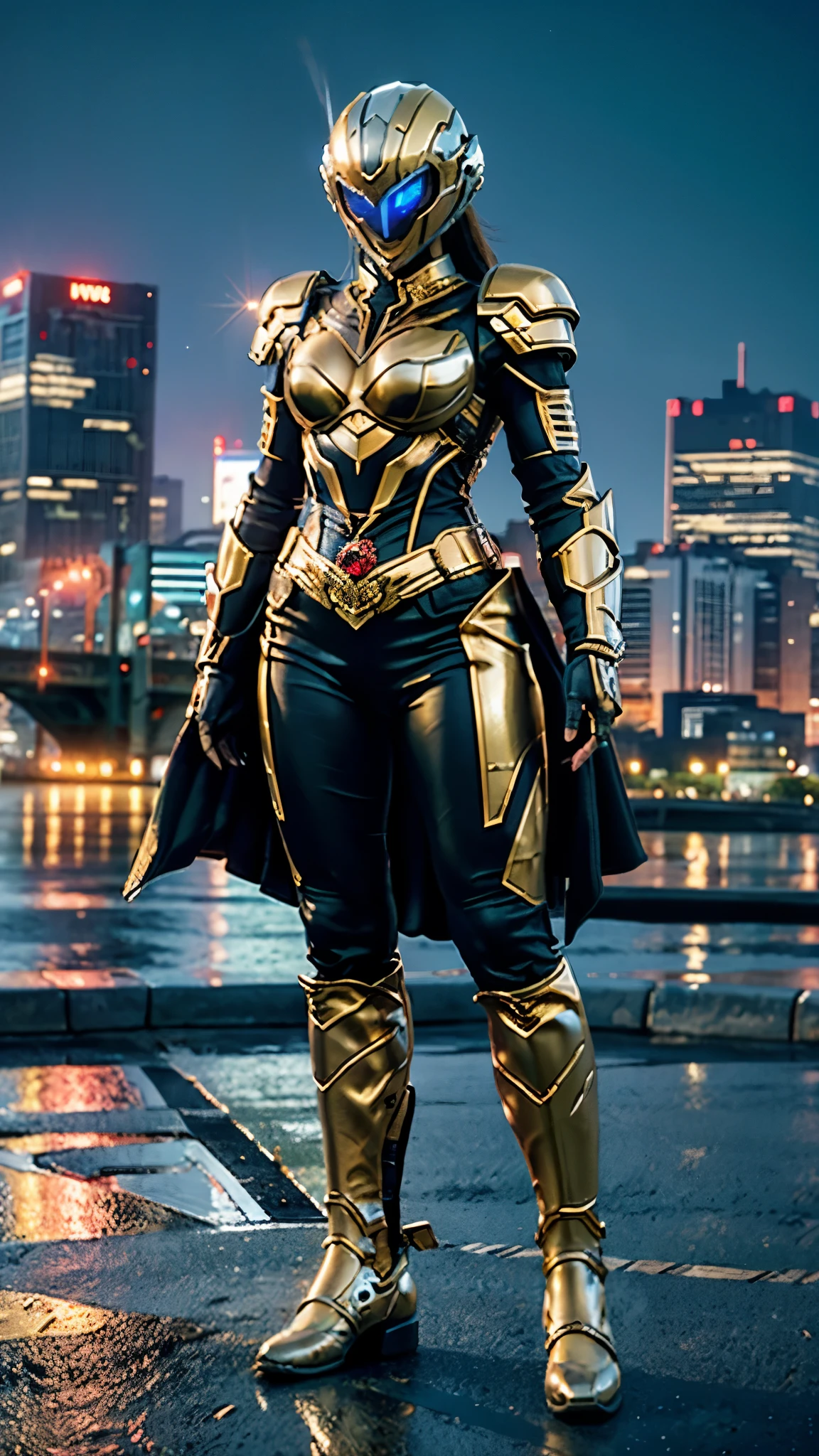 A woman adorned in fantasy-style full-body armor, a crown-concept fully enclosed helmet that unveils only her eyes, a composite layered chest plate, fully encompassing shoulder and hand guards, a lightweight waist armor, form-fitting shin guards, the overall design is heavy-duty yet flexible, ((the armor gleams with a golden glow, complemented by red and blue accents)), exhibiting a noble aura, she floats above the Futuristic city, this character embodies a finely crafted fantasy-surreal style armored hero in anime style, exquisite and mature manga art style, (Dragon concept Armor, photorealistic:1.4, real texture material:1.2), ((city night view, elegant, goddess, femminine:1.5)), metallic, high definition, best quality, highres, ultra-detailed, ultra-fine painting, extremely delicate, professional, anatomically correct, symmetrical face, extremely detailed eyes and face, high quality eyes, creativity, RAW photo, UHD, 32k, Natural light, cinematic lighting, masterpiece-anatomy-perfect, masterpiece:1.5