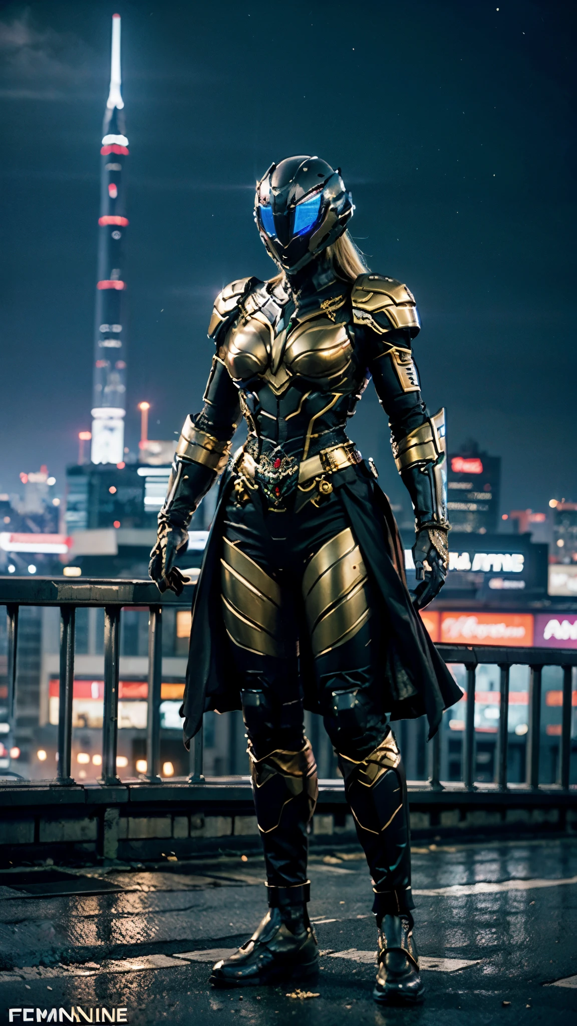 A woman adorned in fantasy-style full-body armor, a crown-concept fully enclosed helmet that unveils only her eyes, a composite layered chest plate, fully encompassing shoulder and hand guards, a lightweight waist armor, form-fitting shin guards, the overall design is heavy-duty yet flexible, ((the armor gleams with a golden glow, complemented by red and blue accents)), exhibiting a noble aura, she floats above the Futuristic city, this character embodies a finely crafted fantasy-surreal style armored hero in anime style, exquisite and mature manga art style, (Dragon concept Armor, photorealistic:1.4, real texture material:1.2), ((city night view, elegant, goddess, femminine:1.5)), metallic, high definition, best quality, highres, ultra-detailed, ultra-fine painting, extremely delicate, professional, anatomically correct, symmetrical face, extremely detailed eyes and face, high quality eyes, creativity, RAW photo, UHD, 32k, Natural light, cinematic lighting, masterpiece-anatomy-perfect, masterpiece:1.5