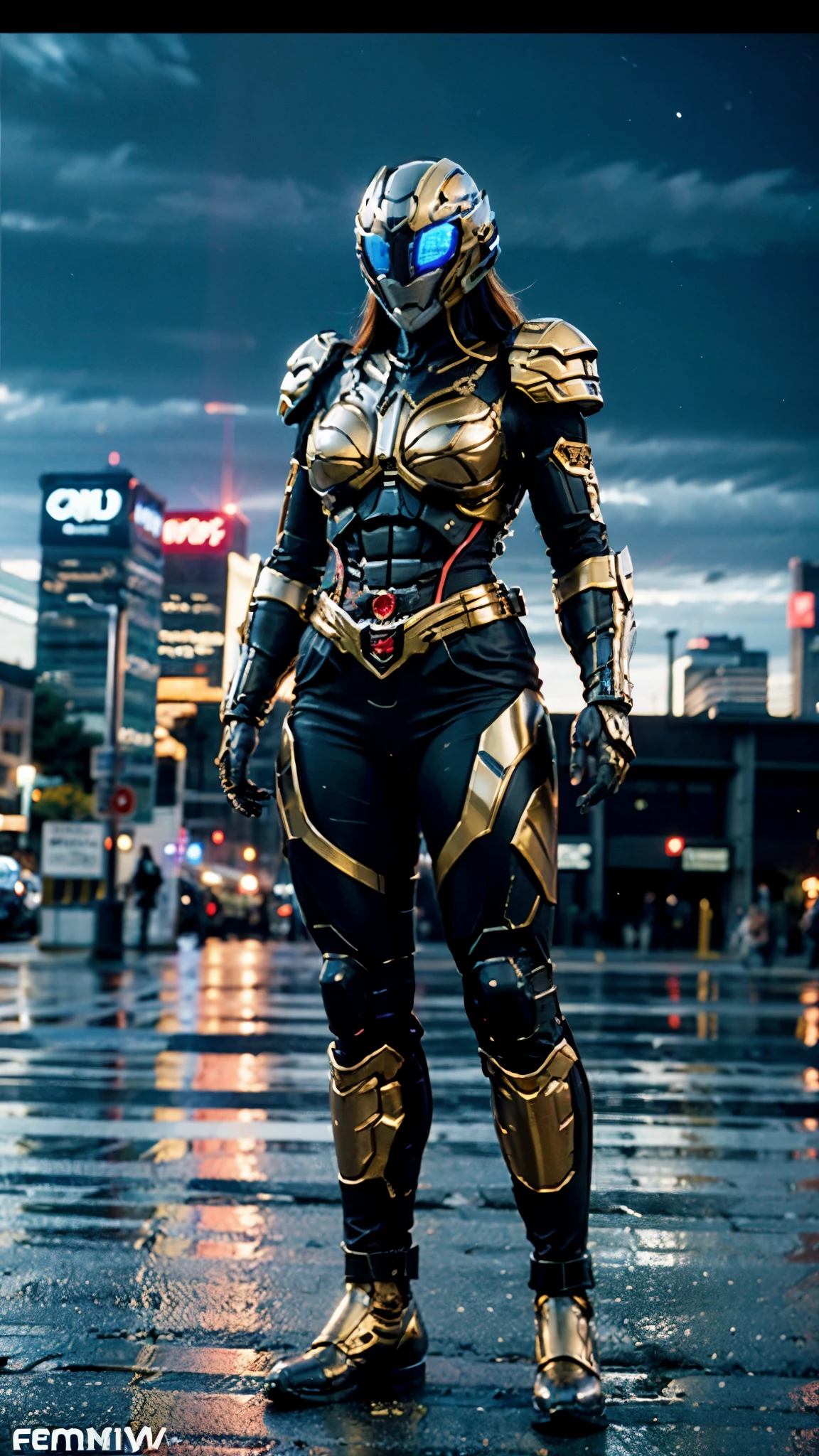 A woman adorned in fantasy-style full-body armor, a crown-concept fully enclosed helmet that unveils only her eyes, a composite layered chest plate, fully encompassing shoulder and hand guards, a lightweight waist armor, form-fitting shin guards, the overall design is heavy-duty yet flexible, ((the armor gleams with a golden glow, complemented by red and blue accents)), exhibiting a noble aura, she floats above the Futuristic city, this character embodies a finely crafted fantasy-surreal style armored hero in anime style, exquisite and mature manga art style, (Dragon concept Armor, photorealistic:1.4, real texture material:1.2), ((city night view, elegant, goddess, femminine:1.5)), metallic, high definition, best quality, highres, ultra-detailed, ultra-fine painting, extremely delicate, professional, anatomically correct, symmetrical face, extremely detailed eyes and face, high quality eyes, creativity, RAW photo, UHD, 32k, Natural light, cinematic lighting, masterpiece-anatomy-perfect, masterpiece:1.5