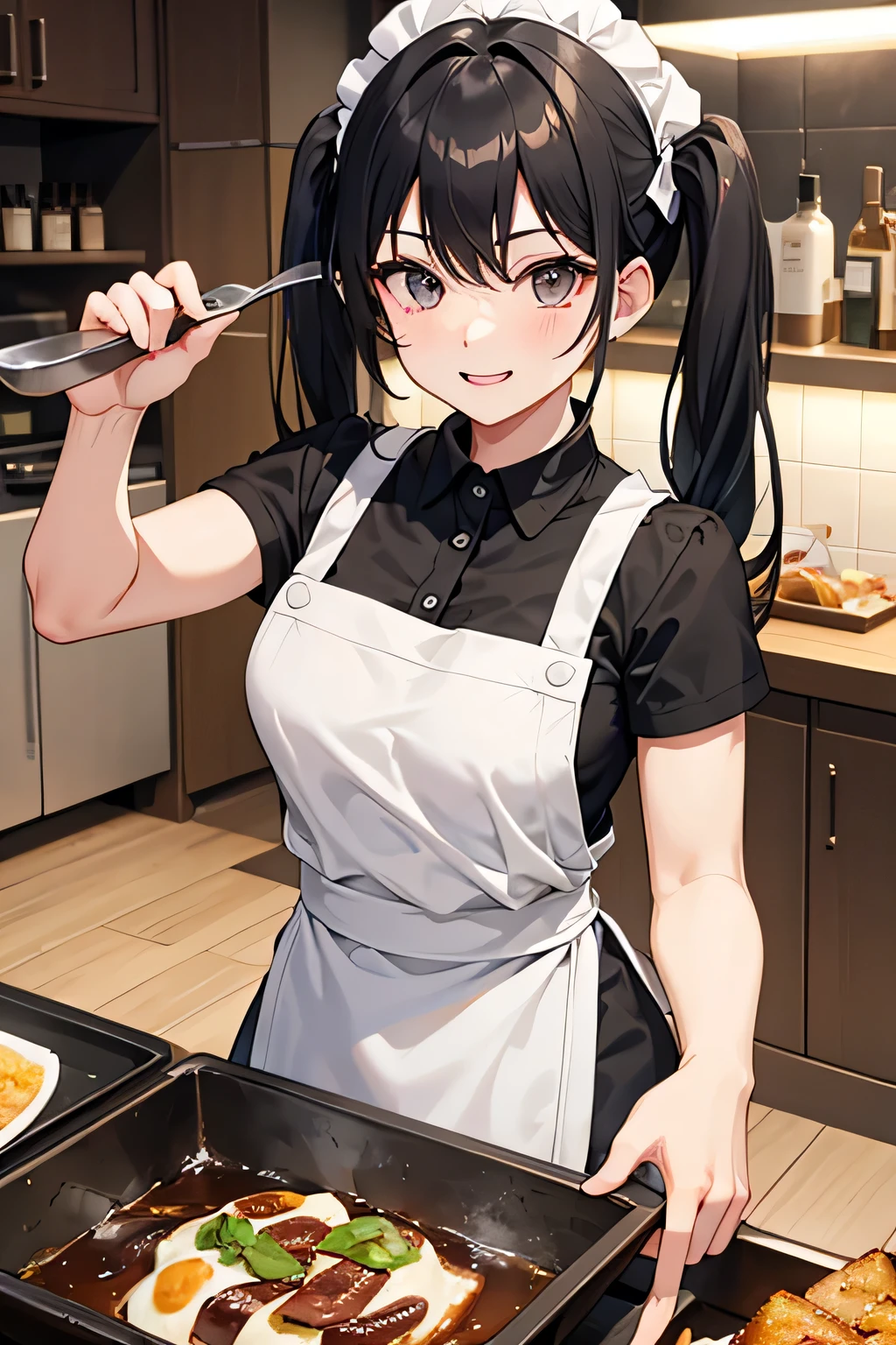 body muscles 18 happy face hair color black hair style pigtails place restaurant action cooked chef clothes with apron