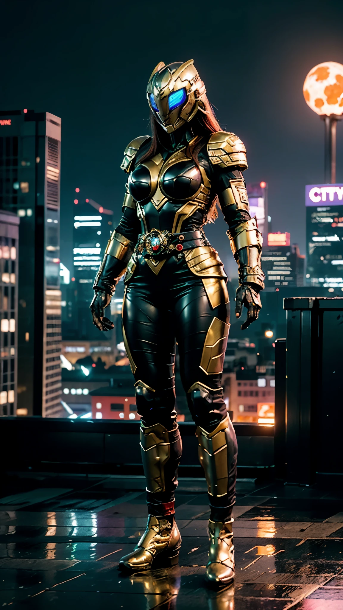 A woman adorned in fantasy-style full-body armor, a crown-concept fully enclosed helmet that unveils only her eyes, a composite layered chest plate, fully encompassing shoulder and hand guards, a lightweight waist armor, form-fitting shin guards, the overall design is heavy-duty yet flexible, ((the armor gleams with a golden glow, complemented by red and blue accents)), exhibiting a noble aura, she floats above the Futuristic city, this character embodies a finely crafted fantasy-surreal style armored hero in anime style, exquisite and mature manga art style, (Dragon concept Armor, photorealistic:1.4, real texture material:1.2), ((city night view, elegant, goddess, femminine:1.5)), metallic, high definition, best quality, highres, ultra-detailed, ultra-fine painting, extremely delicate, professional, anatomically correct, symmetrical face, extremely detailed eyes and face, high quality eyes, creativity, RAW photo, UHD, 32k, Natural light, cinematic lighting, masterpiece-anatomy-perfect, masterpiece:1.5