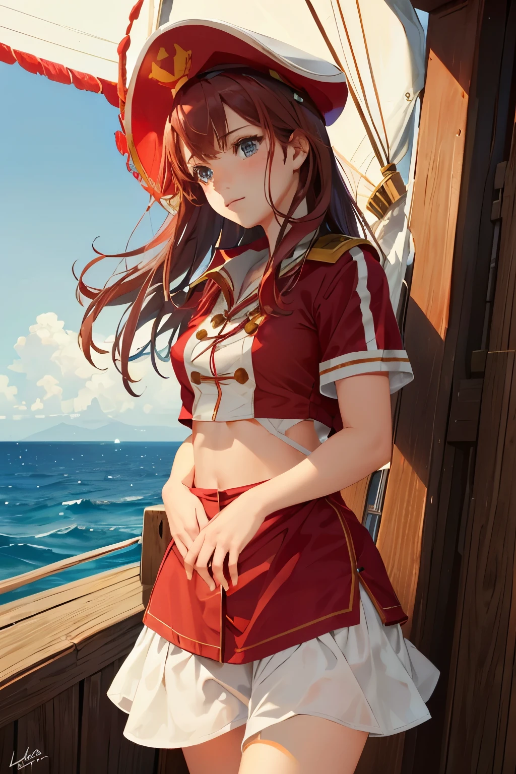 A brave captain, dressed in red clothing, stands confidently on the deck of a mar (marabajo, maritime vessel) with a grand sombrero shielding her from the sun. The barco (ship) sails on unruffled waters under clear blue skies, the intricate details of the vessel gleaming under the realistic CGI rendering. The captain's garb, with its vibrant colors, stands out against the backdrop of the tranquil sea. Her red capitan ropa (uniform) fits her like a glove, and the sun casts a beautiful red blush on her shinny (shiny) skin. She gazes out at the horizon with a determined look