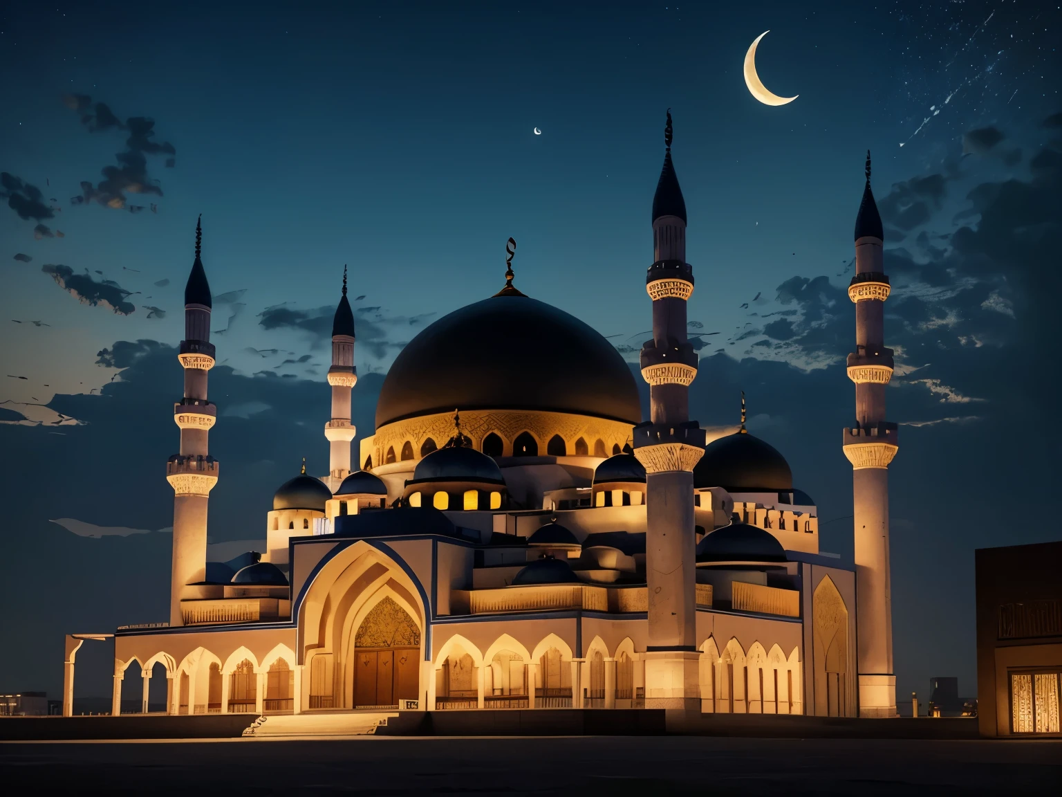 RAW, Best quality, high resolution, masterpiece: 1.3, Serene and enchanting theme, moon and clouds against mosque backdrop, Masterpiece, Tranquil atmosphere, crescent moon illuminates sky, Softly lit clouds, silhouette of beautifully designed mosque, Color palette of peace and reverence, culturally respectful, visually captivating, Night scene, mosque and clouds, ethereal beauty, Crescent moon, tranquil atmosphere, spiritual ambiance, Masterpiece, serene scene, intricately designed mosque, Crisp night air, stars twinkling in the distance,