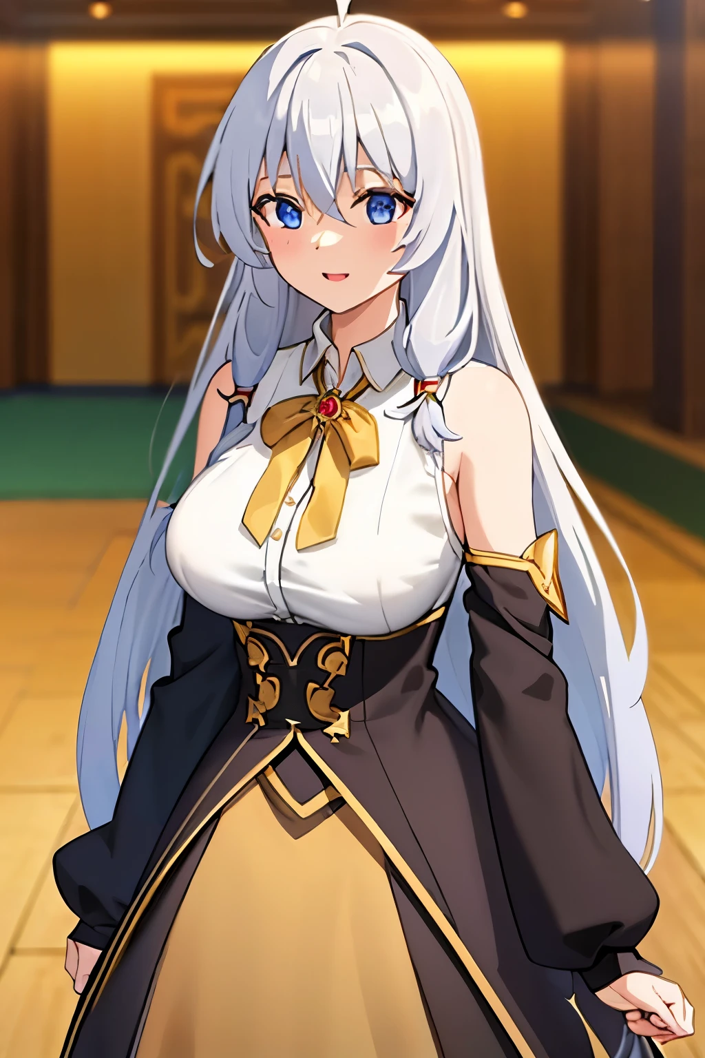 elaina,elaina\(long_sleeved_shirt\),elaina\(skirt\), (masterpiece:1.6, best quality), shiny hair, long hair, shiny , big breast happy, indoors, depth of field, black sleeves