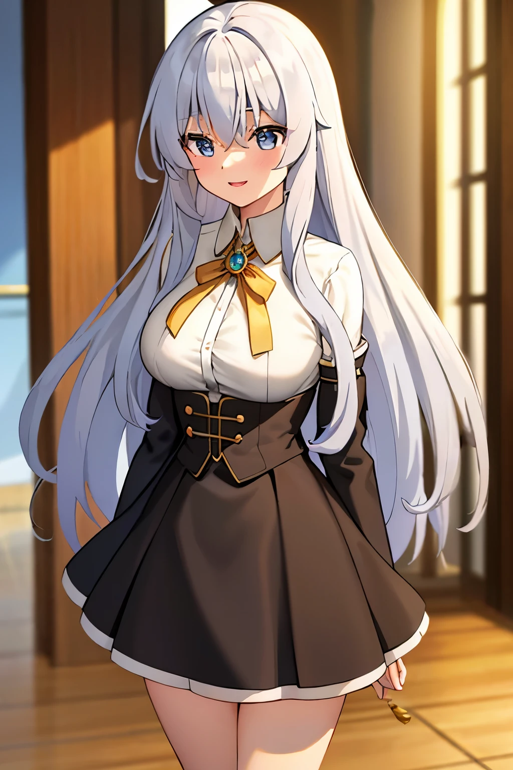 elaina,elaina\(long_sleeved_shirt\),elaina\(skirt\), (masterpiece:1.6, best quality), shiny hair, long hair, shiny , big breast happy, indoors, depth of field, black sleeves