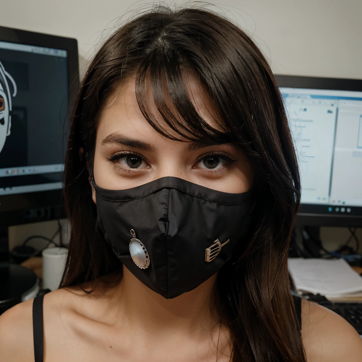 Garota gotica , olhos amarelos fortes brilhante , wearing a gas mask, imagem de copo 4k , usando roupas leves