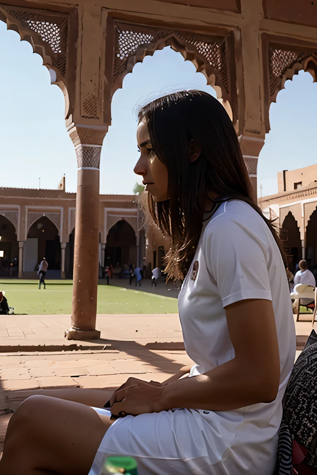 Une personne assise dans la ville de Marrakech regardant un match entre légendes du football