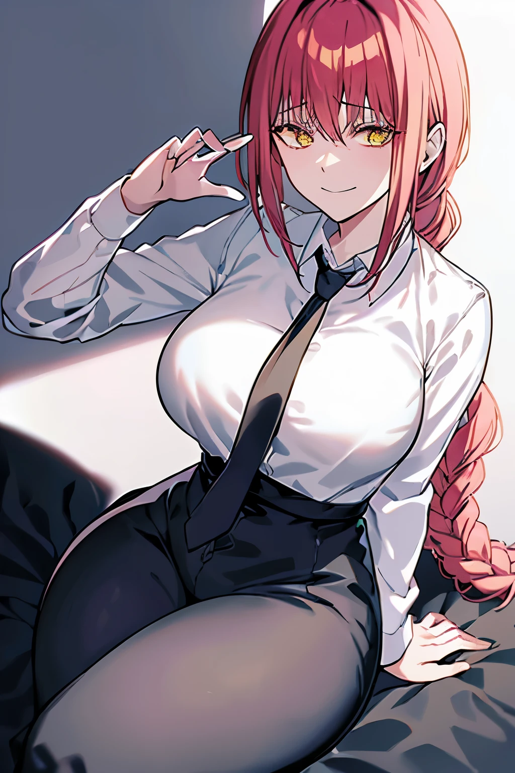 makima\(chainsaw man\), smile, long sleeves, pink hair, necktie, large breasts, solo, looking at viewer, thick thighs, hand on hip, pants, black pants, yellow eyes, 1girl, white shirt, braided ponytail, ringed eyes, high-waist pants, shirt, braid, shirt tucked in, simple background, white background, black necktie, collared shirt