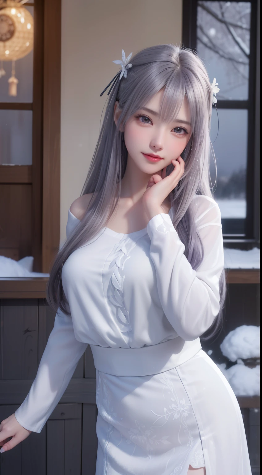 ((logo, masterpiece, 8k, table top, RAW photo, wonderful, 最high quality, Photorealistic and hvery detailed CG integrated 8k wallpaper, high quality, very detailed, Narrative poem, particle effects, dynamic effects, Depth of written boundary, cinematic light, Lens flare, ray tracing, anatomically accurate)), fantasy, 1 beautiful woman, ((lilac hair)), clear eyes, long hair, beautiful face, real face, 緻密でbeautiful eyes, beautiful skin, ((dancing woman, 優雅にdancing woman, snow sceneの中でdancing woman, 激しくdancing woman)), ((long hairがWindでなびく, long hairが跳ねる, long hairがWindで踊る)), hair jump, jewelry, beautiful eyes, white kimono, white obi, White cherry blossom embroidery pattern, silver earrings, Wind, snow mountainの中で, snow scene, snow mountain, snow makeup, 雪とhoarfrost, snow-capped mountainや森, hoarfrost, snow-capped mountain々, The beauty and brilliance of frost-covered trees, The tranquility and beauty of a world of ice and snow, hair color is light purple