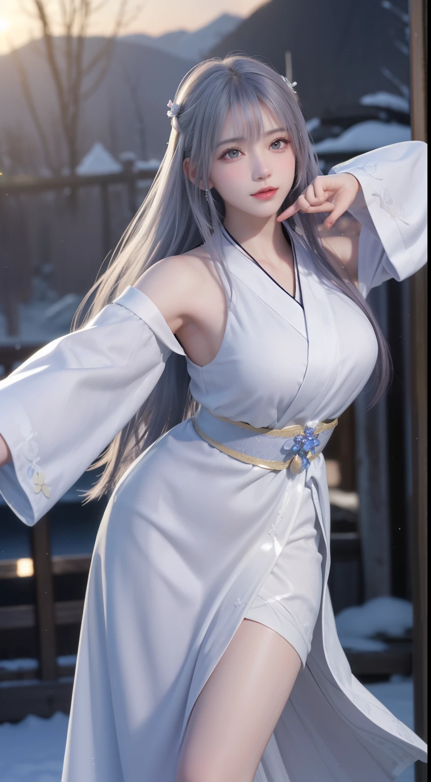((logo, masterpiece, 8k, table top, RAW photo, wonderful, 最high quality, Photorealistic and hvery detailed CG integrated 8k wallpaper, high quality, very detailed, Narrative poem, particle effects, dynamic effects, Depth of written boundary, cinematic light, Lens flare, ray tracing, anatomically accurate)), fantasy, 1 beautiful woman, ((lilac hair)), clear eyes, long hair, beautiful face, real face, 緻密でbeautiful eyes, beautiful skin, ((dancing woman, 優雅にdancing woman, snow sceneの中でdancing woman, 激しくdancing woman)), ((long hairがWindでなびく, long hairが跳ねる, long hairがWindで踊る)), hair jump, jewelry, beautiful eyes, white kimono, white obi, White cherry blossom embroidery pattern, silver earrings, Wind, snow mountainの中で, snow scene, snow mountain, snow makeup, 雪とhoarfrost, snow-capped mountainや森, hoarfrost, snow-capped mountain々, The beauty and brilliance of frost-covered trees, The tranquility and beauty of a world of ice and snow, hair color is light purple