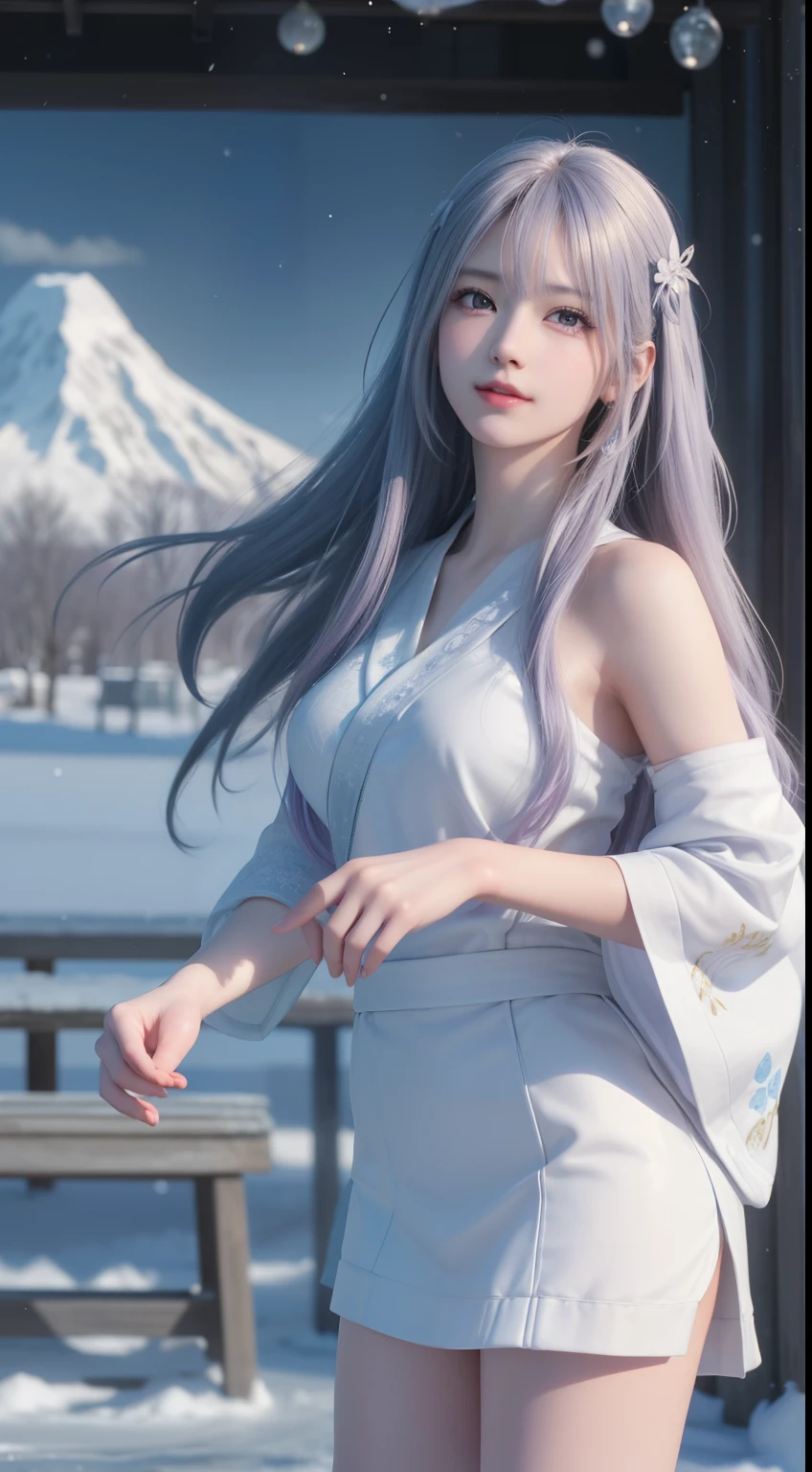 ((logo, masterpiece, 8k, table top, RAW photo, wonderful, 最high quality, Photorealistic and hvery detailed CG integrated 8k wallpaper, high quality, very detailed, Narrative poem, particle effects, dynamic effects, Depth of written boundary, cinematic light, Lens flare, ray tracing, anatomically accurate)), fantasy, 1 beautiful woman, ((lilac hair)), clear eyes, long hair, beautiful face, real face, 緻密でbeautiful eyes, beautiful skin, ((dancing woman, 優雅にdancing woman, snow sceneの中でdancing woman, 激しくdancing woman)), ((long hairがWindでなびく, long hairが跳ねる, long hairがWindで踊る)), hair jump, jewelry, beautiful eyes, white kimono, white obi, White cherry blossom embroidery pattern, silver earrings, Wind, snow mountainの中で, snow scene, snow mountain, snow makeup, 雪とhoarfrost, snow-capped mountainや森, hoarfrost, snow-capped mountain々, The beauty and brilliance of frost-covered trees, The tranquility and beauty of a world of ice and snow, hair color is light purple