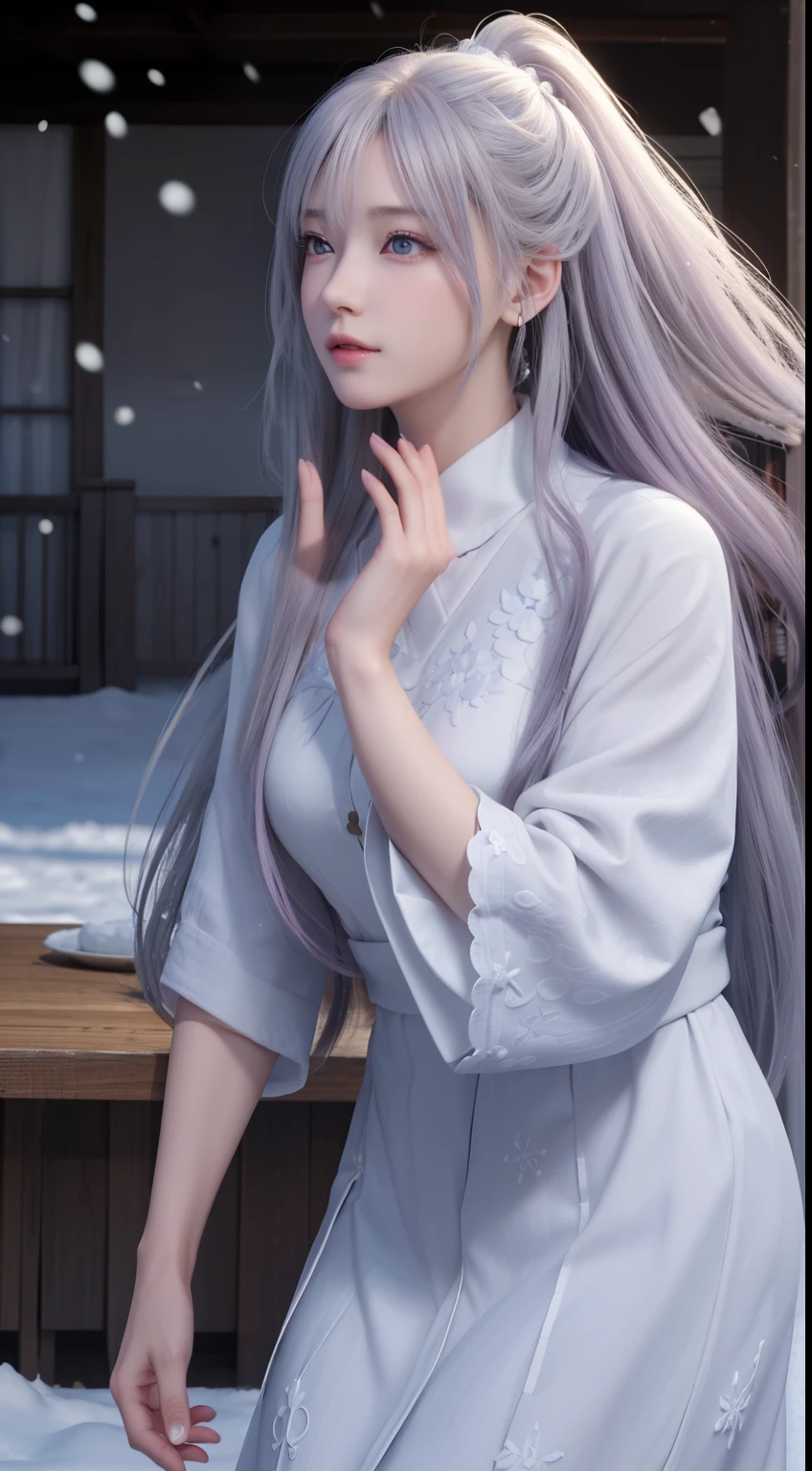 ((logo, masterpiece, 8k, table top, RAW photo, wonderful, 最high quality, Photorealistic and hvery detailed CG integrated 8k wallpaper, high quality, very detailed, Narrative poem, particle effects, dynamic effects, Depth of written boundary, cinematic light, Lens flare, ray tracing, anatomically accurate)), fantasy, 1 beautiful woman, ((lilac hair)), clear eyes, long hair, beautiful face, real face, 緻密でbeautiful eyes, beautiful skin, ((dancing woman, 優雅にdancing woman, snow sceneの中でdancing woman, 激しくdancing woman)), ((long hairがWindでなびく, long hairが跳ねる, long hairがWindで踊る)), hair jump, jewelry, beautiful eyes, white kimono, white obi, White cherry blossom embroidery pattern, silver earrings, Wind, snow mountainの中で, snow scene, snow mountain, snow makeup, 雪とhoarfrost, snow-capped mountainや森, hoarfrost, snow-capped mountain々, The beauty and brilliance of frost-covered trees, The tranquility and beauty of a world of ice and snow, hair color is light purple