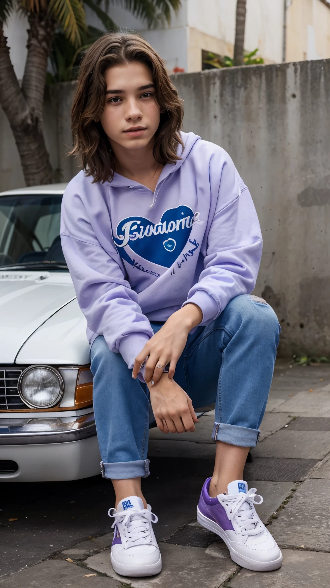 Garoto de 16 anos, lindo, children's soap opera heartthrob, de cabelo curto e ruivo, with freckles on her face wearing a purple sweatshirt and blue jeans with white sneakers, em frente a uma escola super renomada