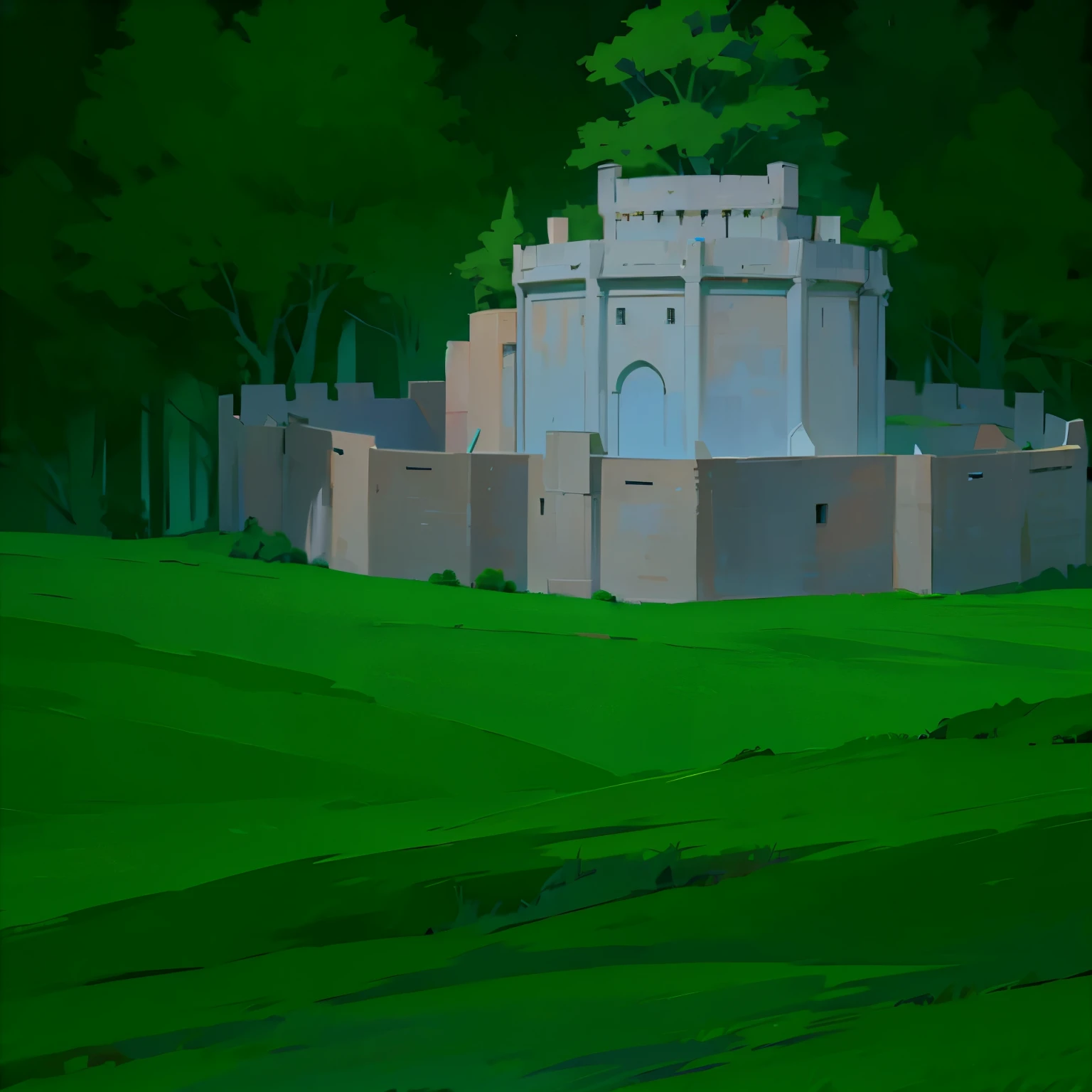 fortress in the middle of the forest, green grass, cloudy blue sky