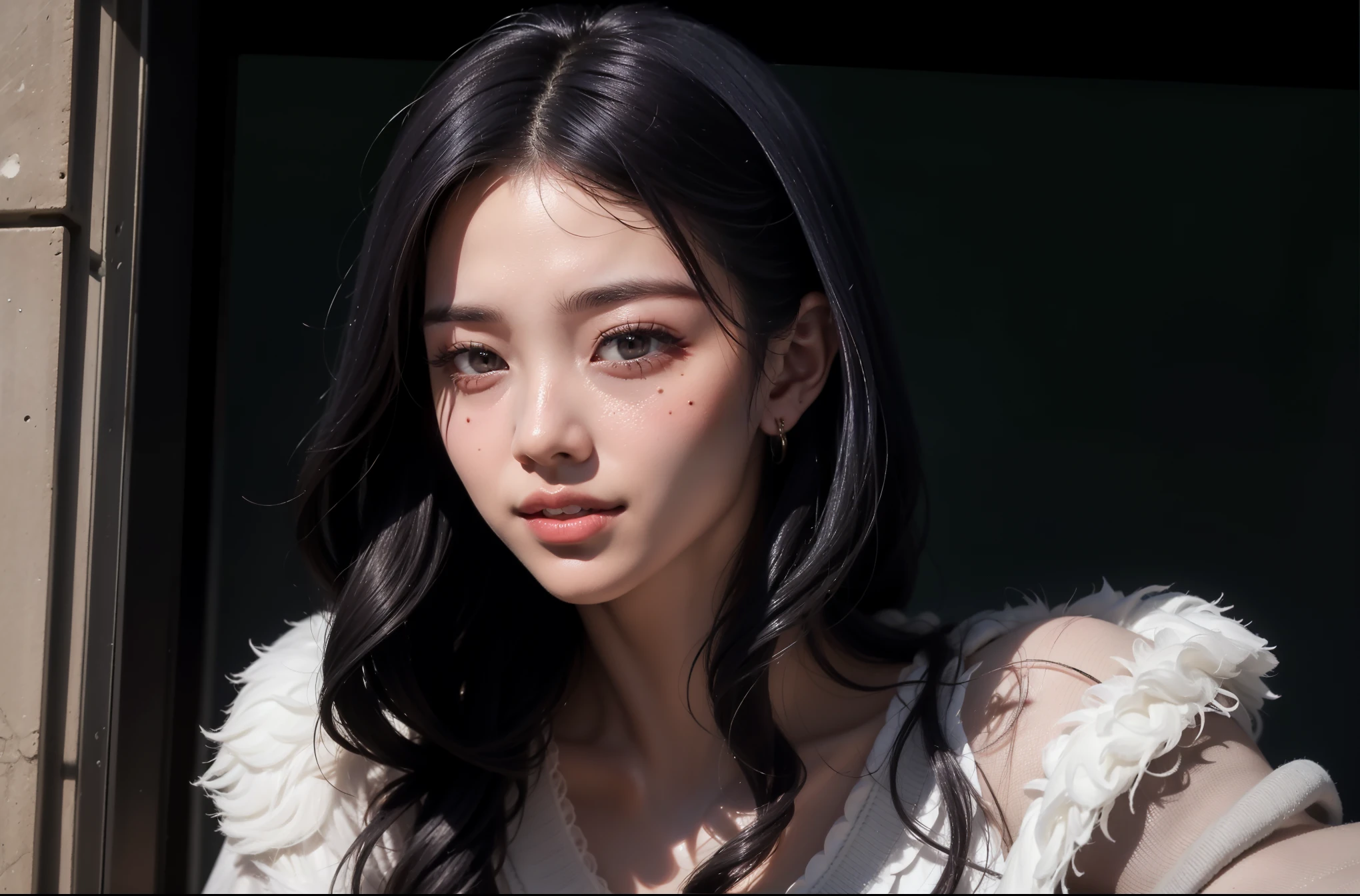 Jisoo do Blackpink: Jisoo has a charming and captivating appearance. Ela tem muito tempo, Cabelo escuro, which is often styled in an elegant and sophisticated way. Your eyes are big and expressive, with naturally bulky eyelashes. Jisoo tem uma tez clara e radiante, with soft and delicate characteristics. Her smile is adorable and she has well-shaped lips. She is known for her classic and graceful beauty, (ela tem um decote impressionante muito aberto, seus seios saltam pra fora do decote, seios grandes e perfeitos mamilos largos e escuros). 1 garota, Sozinho, deitada sensualizando , fazendo poses, colorida, ciberpunk, CIDADE, sinal de paz, brincos, Neon, beautiful lighting, reflexo roxo, cap, Foco no personagem, seios longos