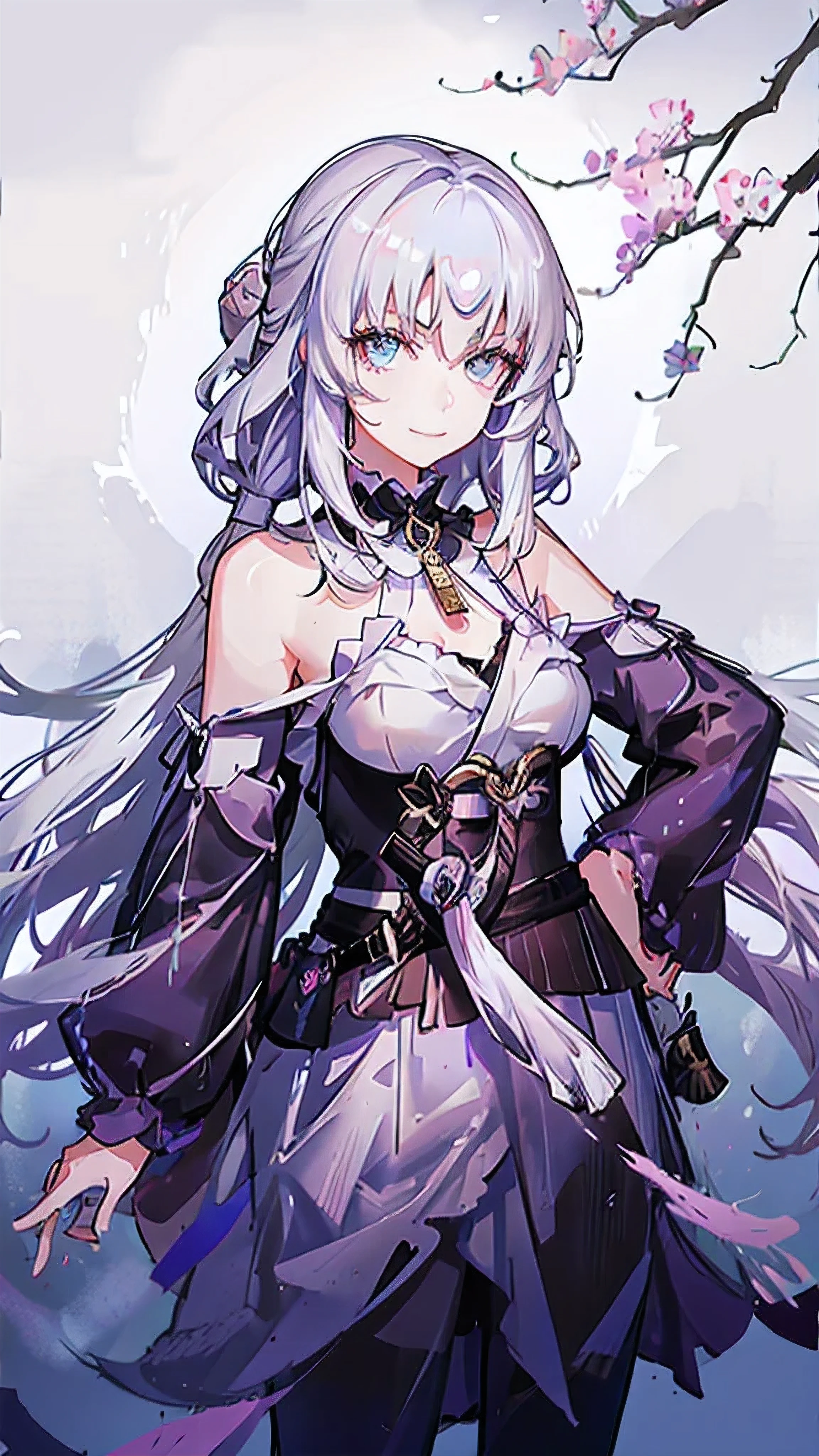 masterpiece , UHD , high definition , detailed eyes, epic background , draw a girl with silvery white hair, holding a katana, 1 girl , solo , looking at viewer , smiling ,