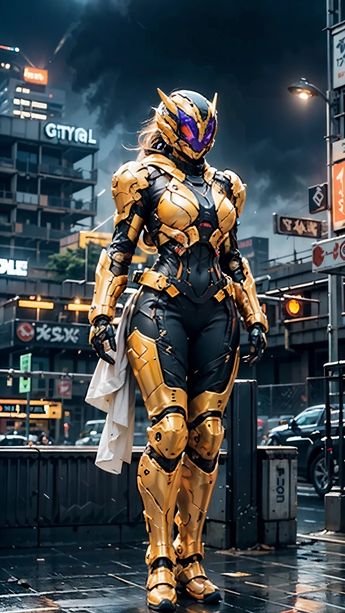 A woman adorned in fantasy-style full-body armor, a crown-concept fully enclosed helmet that unveils only her eyes, a composite layered chest plate, fully encompassing shoulder and hand guards, a lightweight waist armor, form-fitting shin guards, the overall design is heavy-duty yet flexible, ((the armor gleams with a golden glow, complemented by red and blue accents)), exhibiting a noble aura, she floats above the Futuristic city, this character embodies a finely crafted fantasy-surreal style armored hero in anime style, exquisite and mature manga art style, (Dragon concept Armor, photorealistic:1.4, real texture material:1.2), ((city night view, elegant, goddess, femminine:1.5)), metallic, high definition, best quality, highres, ultra-detailed, ultra-fine painting, extremely delicate, professional, anatomically correct, symmetrical face, extremely detailed eyes and face, high quality eyes, creativity, RAW photo, UHD, 32k, Natural light, cinematic lighting, masterpiece-anatomy-perfect, masterpiece:1.5