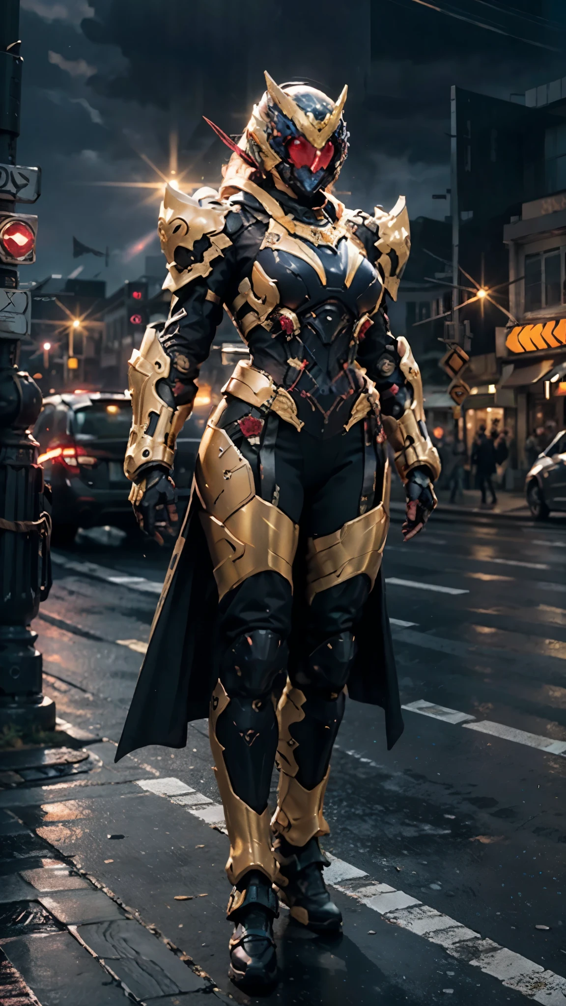 A woman adorned in fantasy-style full-body armor, a crown-concept fully enclosed helmet that unveils only her eyes, a composite layered chest plate, fully encompassing shoulder and hand guards, a lightweight waist armor, form-fitting shin guards, the overall design is heavy-duty yet flexible, ((the armor gleams with a golden glow, complemented by red and blue accents)), exhibiting a noble aura, she floats above the Futuristic city, this character embodies a finely crafted fantasy-surreal style armored hero in anime style, exquisite and mature manga art style, (Dragon concept Armor, photorealistic:1.4, real texture material:1.2), ((city night view, elegant, goddess, femminine:1.5)), metallic, high definition, best quality, highres, ultra-detailed, ultra-fine painting, extremely delicate, professional, anatomically correct, symmetrical face, extremely detailed eyes and face, high quality eyes, creativity, RAW photo, UHD, 32k, Natural light, cinematic lighting, masterpiece-anatomy-perfect, masterpiece:1.5