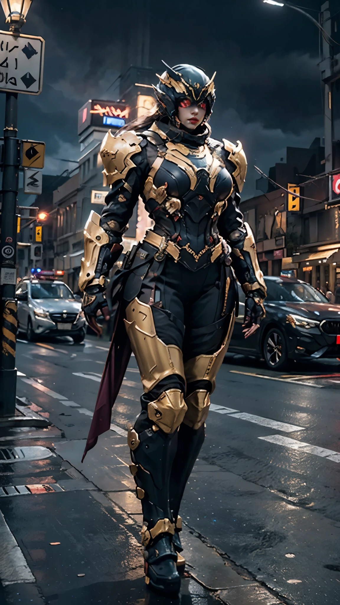 A woman adorned in fantasy-style full-body armor, a crown-concept fully enclosed helmet that unveils only her eyes, a composite layered chest plate, fully encompassing shoulder and hand guards, a lightweight waist armor, form-fitting shin guards, the overall design is heavy-duty yet flexible, ((the armor gleams with a golden glow, complemented by red and blue accents)), exhibiting a noble aura, she floats above the Futuristic city, this character embodies a finely crafted fantasy-surreal style armored hero in anime style, exquisite and mature manga art style, (Dragon concept Armor, photorealistic:1.4, real texture material:1.2), ((city night view, elegant, goddess, femminine:1.5)), metallic, high definition, best quality, highres, ultra-detailed, ultra-fine painting, extremely delicate, professional, anatomically correct, symmetrical face, extremely detailed eyes and face, high quality eyes, creativity, RAW photo, UHD, 32k, Natural light, cinematic lighting, masterpiece-anatomy-perfect, masterpiece:1.5