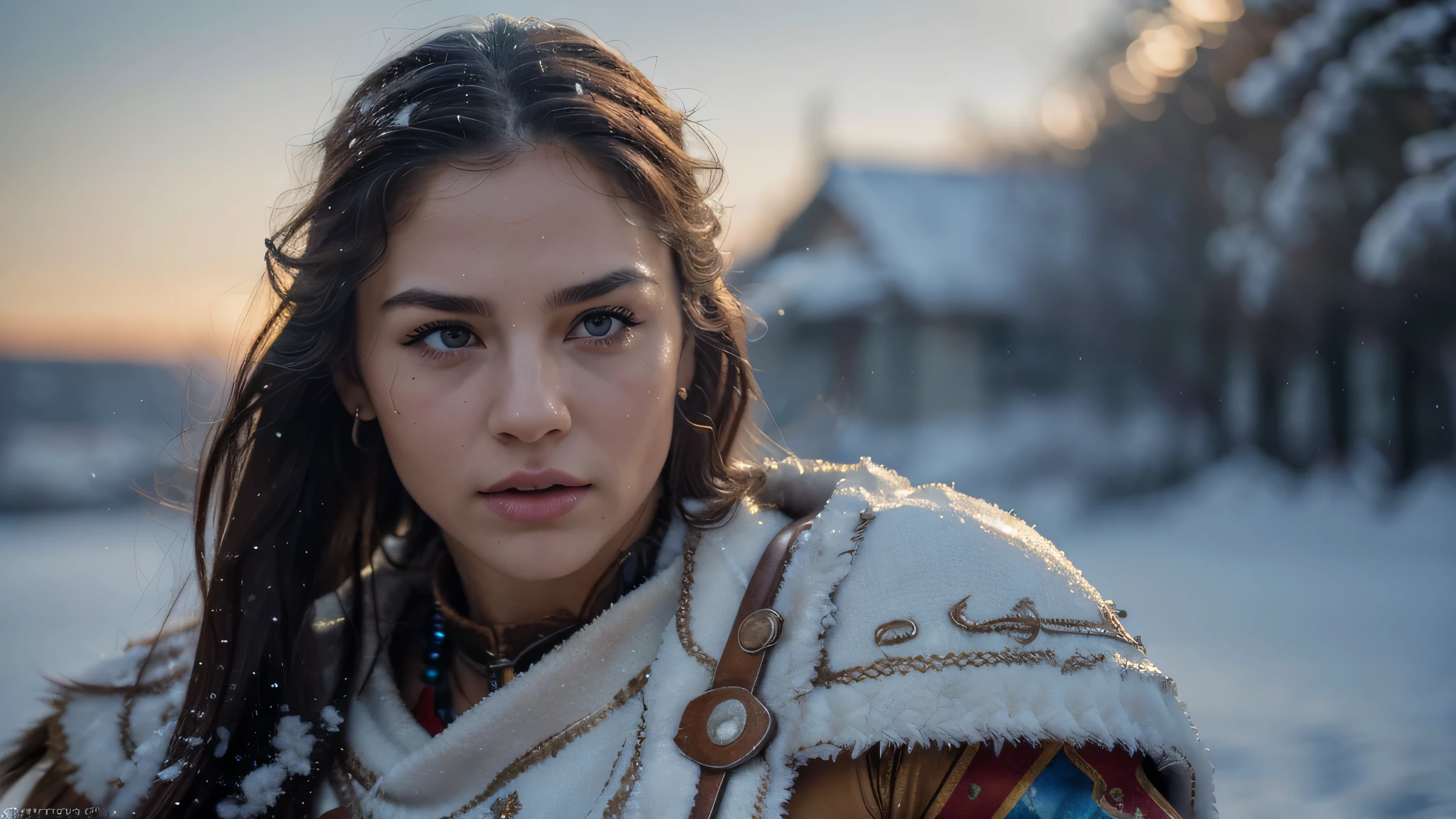 (best quality,4k,8k,highres,masterpiece:1.2),ultra-detailed,(realistic,photorealistic,photo-realistic:1.37),HDR,UHD,studio lighting,ultra-fine painting,sharp focus,physically-based rendering,extreme detail description,professional,vivid colors,bokeh,extremely detailed eyes and face,longeyelashes,beautiful detailed eyes,beautiful detailed lips,multiple highly detailed characters,action-packed,fighting,brave looking warriors,strong facial features,terrific expressions,determined,ancient warrior costumes,muscular physiques,motion blur,swift movements,high-speed running,snowy scenery,low angle shot,front view,dynamic,wispy snowflakes in the air,dusk setting,cinematic atmosphere.