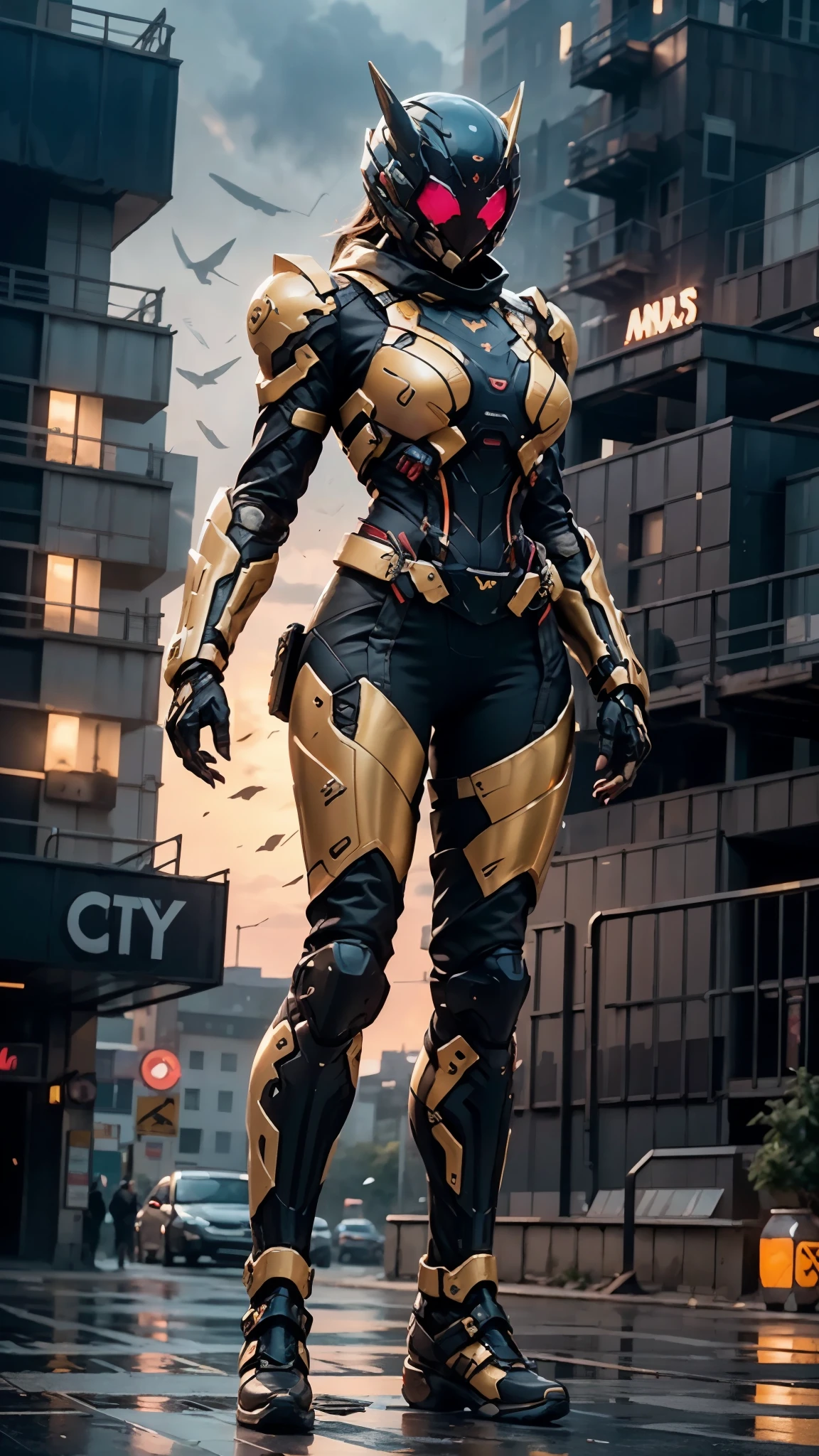 A woman adorned in fantasy-style full-body armor, a crown-concept fully enclosed helmet that unveils only her eyes, a composite layered chest plate, fully encompassing shoulder and hand guards, a lightweight waist armor, form-fitting shin guards, the overall design is heavy-duty yet flexible, ((the armor gleams with a golden glow, complemented by red and blue accents)), exhibiting a noble aura, she floats above the Futuristic city, this character embodies a finely crafted fantasy-surreal style armored hero in anime style, exquisite and mature manga art style, (Dragon concept Armor, photorealistic:1.4, real texture material:1.2), ((city night view, elegant, goddess, femminine:1.5)), metallic, high definition, best quality, highres, ultra-detailed, ultra-fine painting, extremely delicate, professional, anatomically correct, symmetrical face, extremely detailed eyes and face, high quality eyes, creativity, RAW photo, UHD, 32k, Natural light, cinematic lighting, masterpiece-anatomy-perfect, masterpiece:1.5