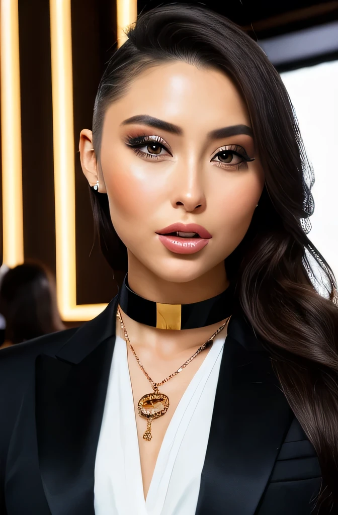 high quality photo of  erika_ishii, side-cut, eye-shadow
in a fancy man's tailored suit and tie
in a fancy cocktail bar a close up of a woman with a black dress and a necklace, madison beer, soft devil queen madison beer, madison beer girl portrait, portrait sophie mudd, jaw-dropping beauty, sexy face with full makeup, :: madison beer, olivia culpo, wearing gold detailed choker, sultry look, flawless face, jaw dropping beauty, gorgeous latina face, very pretty face