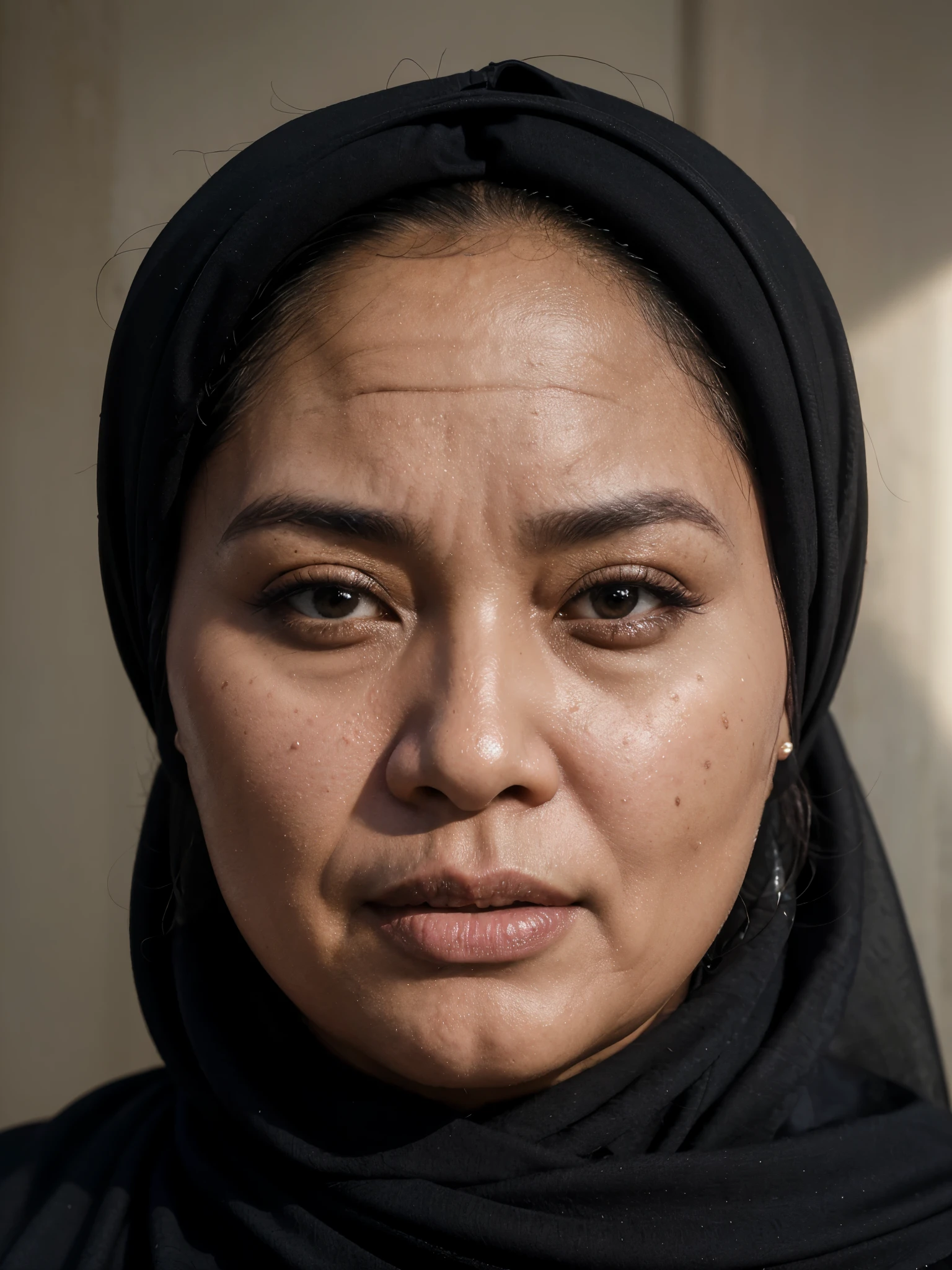 face photo, the face of a fat 55 year old Indonesian woman wearing a black hijab. Face Details, 55 year old face details, slightly wrinkled face, visible pores, super detailed, natural skin color, very realistic, ultra HD, 8K Resolution
