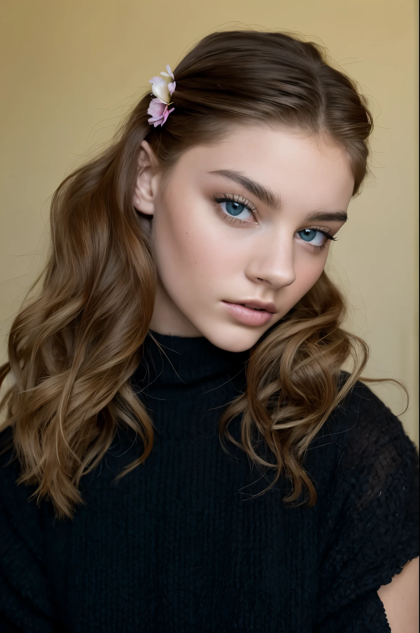 there is a woman with a flower in her hair posing for a picture, inspired by Louisa Matthíasdóttir, headshot profile picture, wavy shoulder-length hair, no makeup wavy hair, lorde, amanda clarke, selfie of a young woman, eva elfie, half updo hairstyle, portrait of barbara palvin, middle length hair, jodie bateman