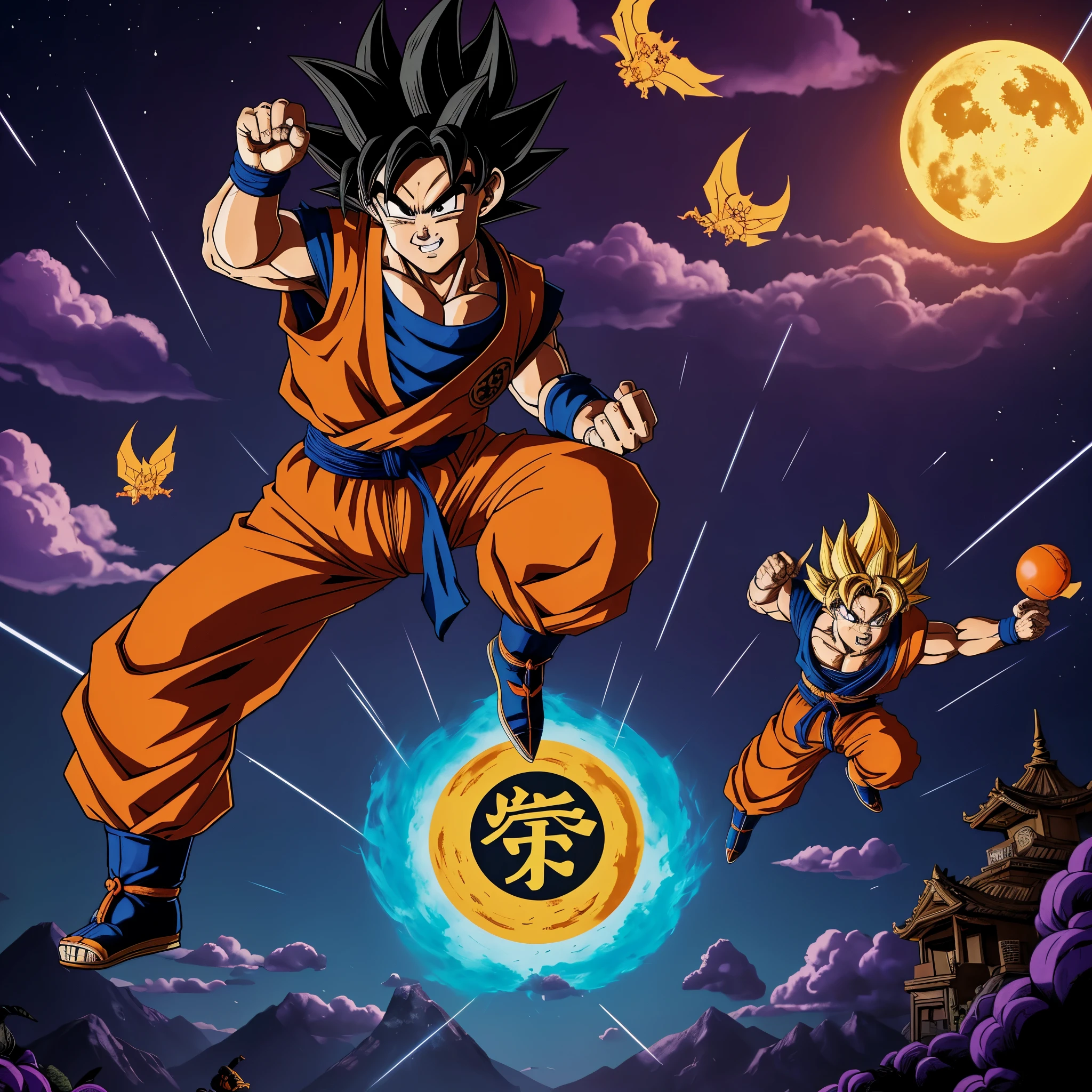 Goku, cargando ki dorado, su ropa es naranja oscuro, with kamehouse symbol, pelos violetas, cara de enojado, gritando, en un cielo nublado, in the background the dragon shen long is flying, there are thunders